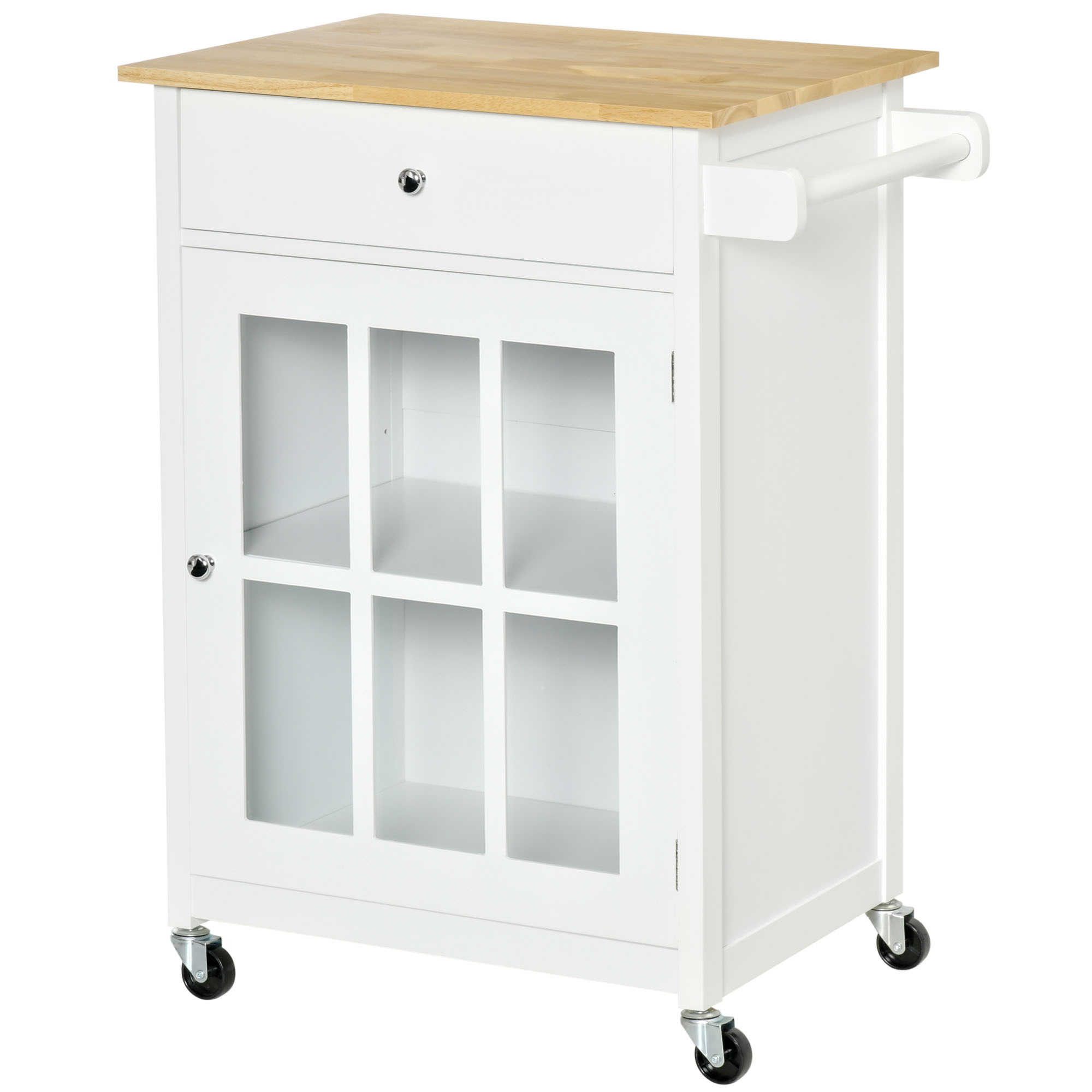 HOMCOM Carrello da Cucina Multiuso con Cassetto, Armadietto e 4 Ruote, in Legno Bianco, 67x48x86.5cm