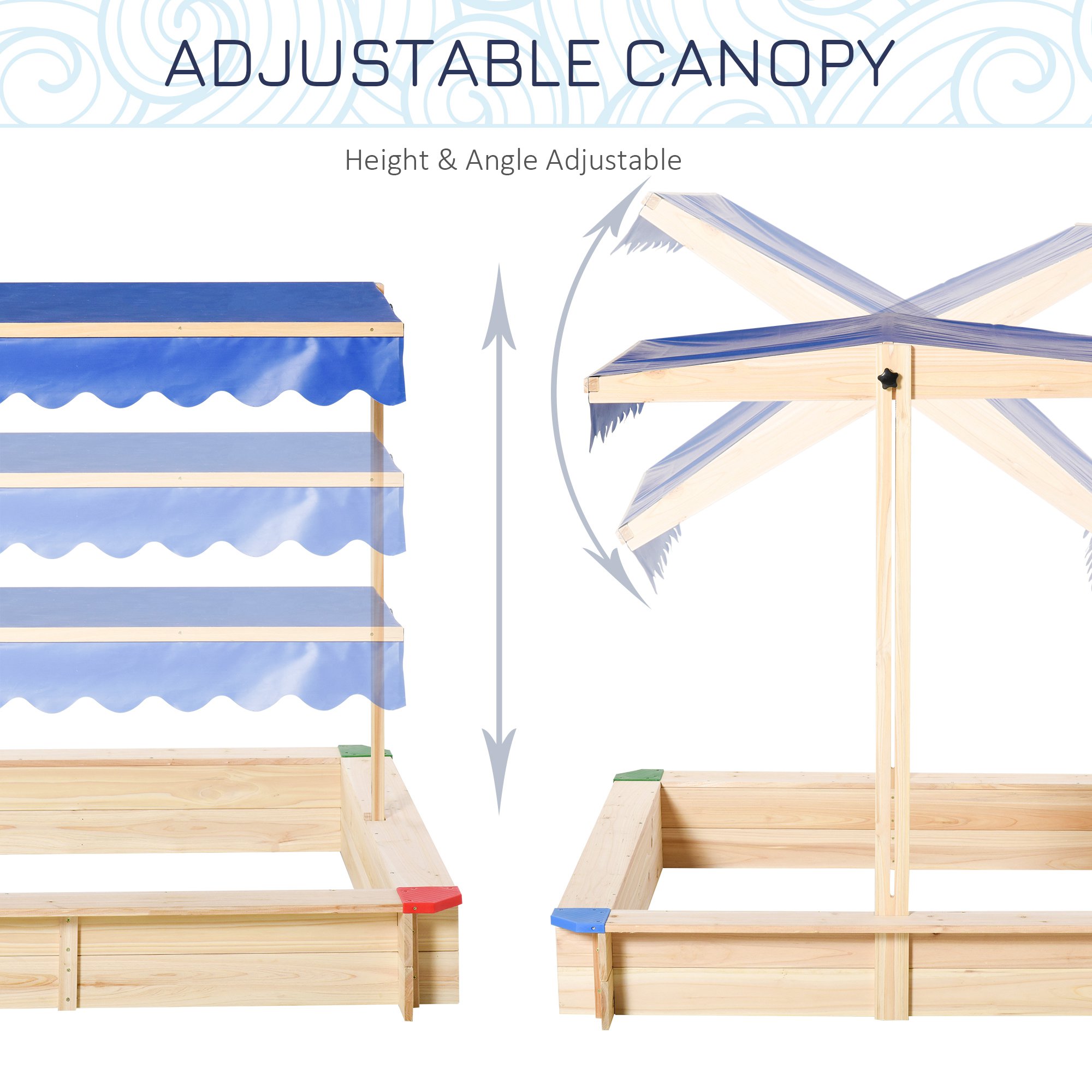 Outsunny Kids Wooden Sandpit Children Cabana Square Sandbox Outdoor Backyard Playset Play Station Adjustable Canopy Bench Seat 120x120x120cm