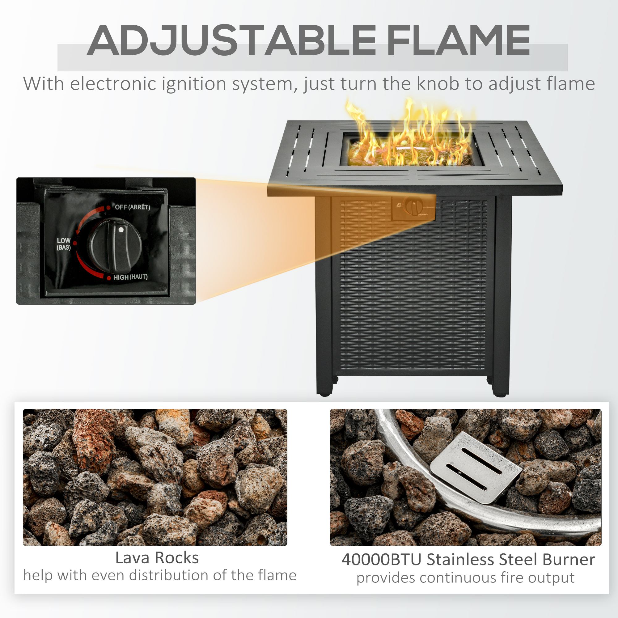 Outsunny Square Propane Gas Fire Pit Table, 40000 BTU Rattan Smokeless Firepit Patio Heater w/ Protective Cover, Lava Rocks and Lid, 71x71x62cm, Black