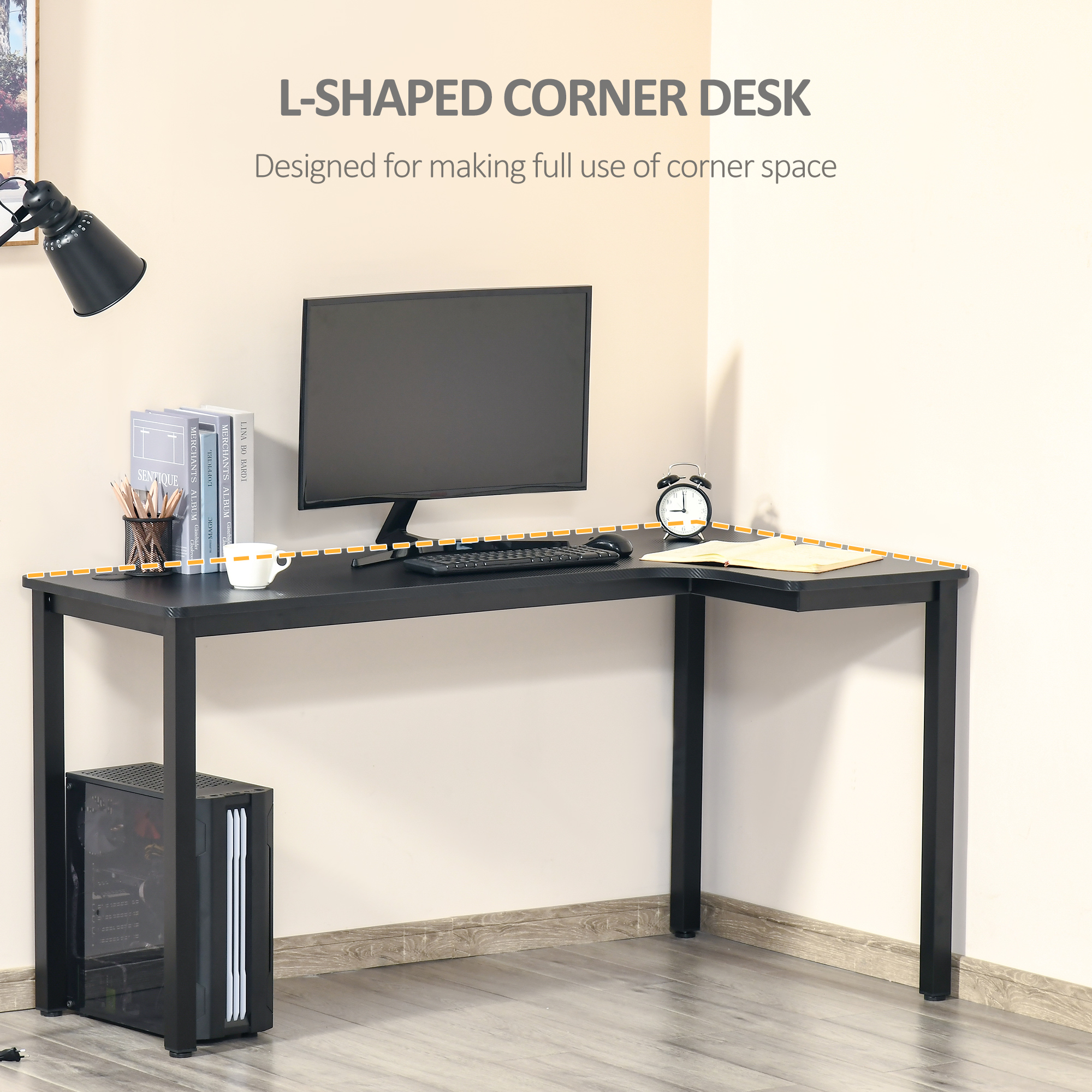 HOMCOM L-Shaped Gaming Desk, Computer Corner Desk, Home Office Workstation with Cable Management, 145 x 81 x 76cm, Black