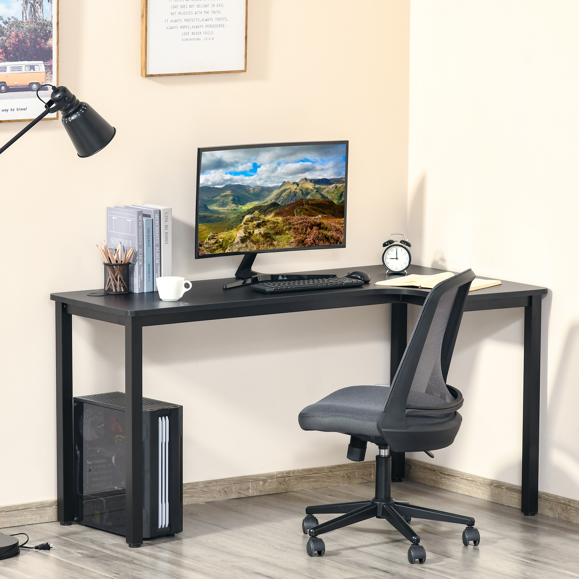 HOMCOM L-Shaped Gaming Desk, Computer Corner Desk, Home Office Workstation with Cable Management, 145 x 81 x 76cm, Black