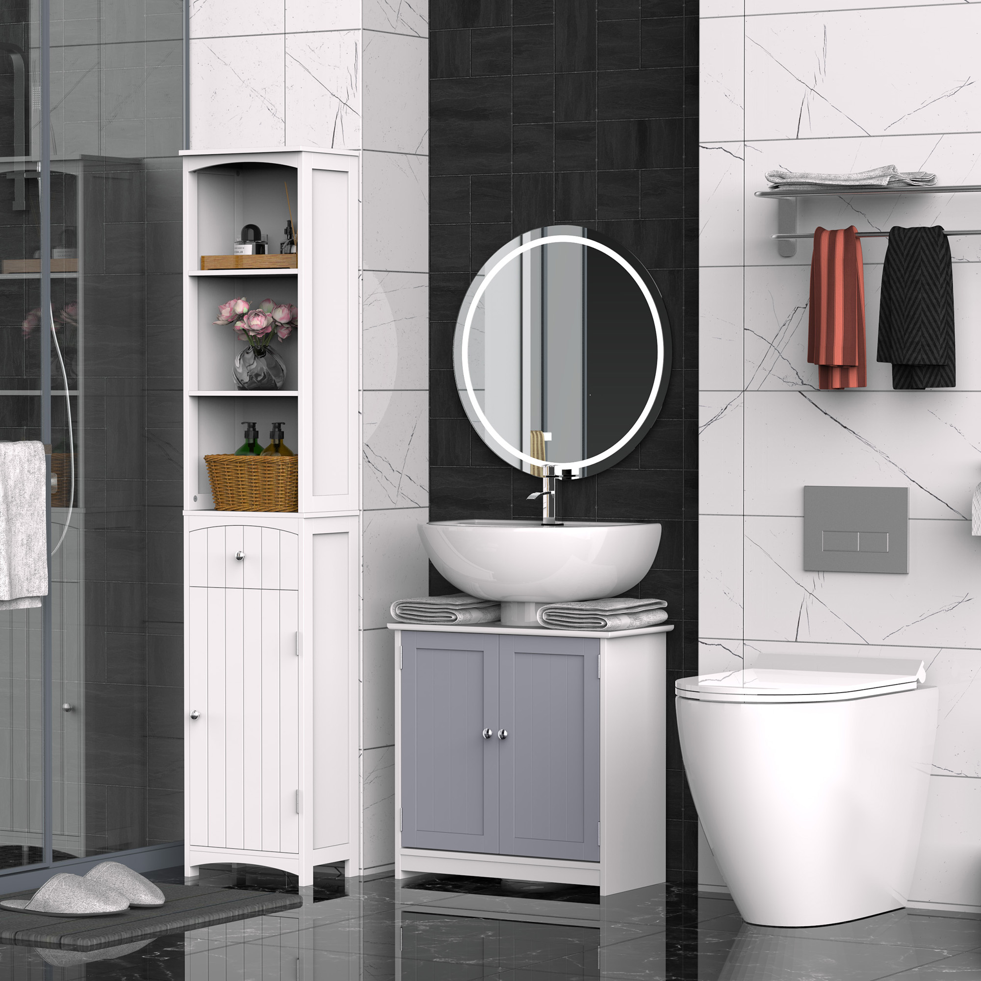 Kleankin Under Sink Vanity Unit, Bathroom Storage Cabinet with Adjustable Shelf, Handles, Drain Hole, 60x60cm, White & Grey