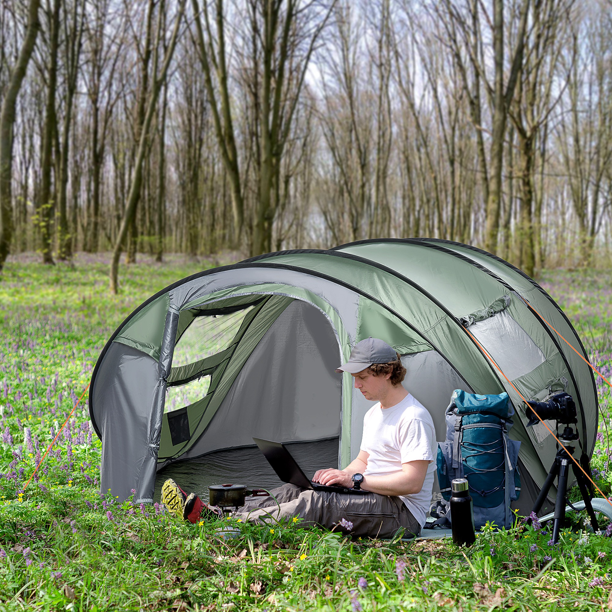 Outsunny Pop-up Camping Tent 4-5 Person, Waterproof with 2 Mesh & PVC Windows, Portable Carry Bag, Dark Green