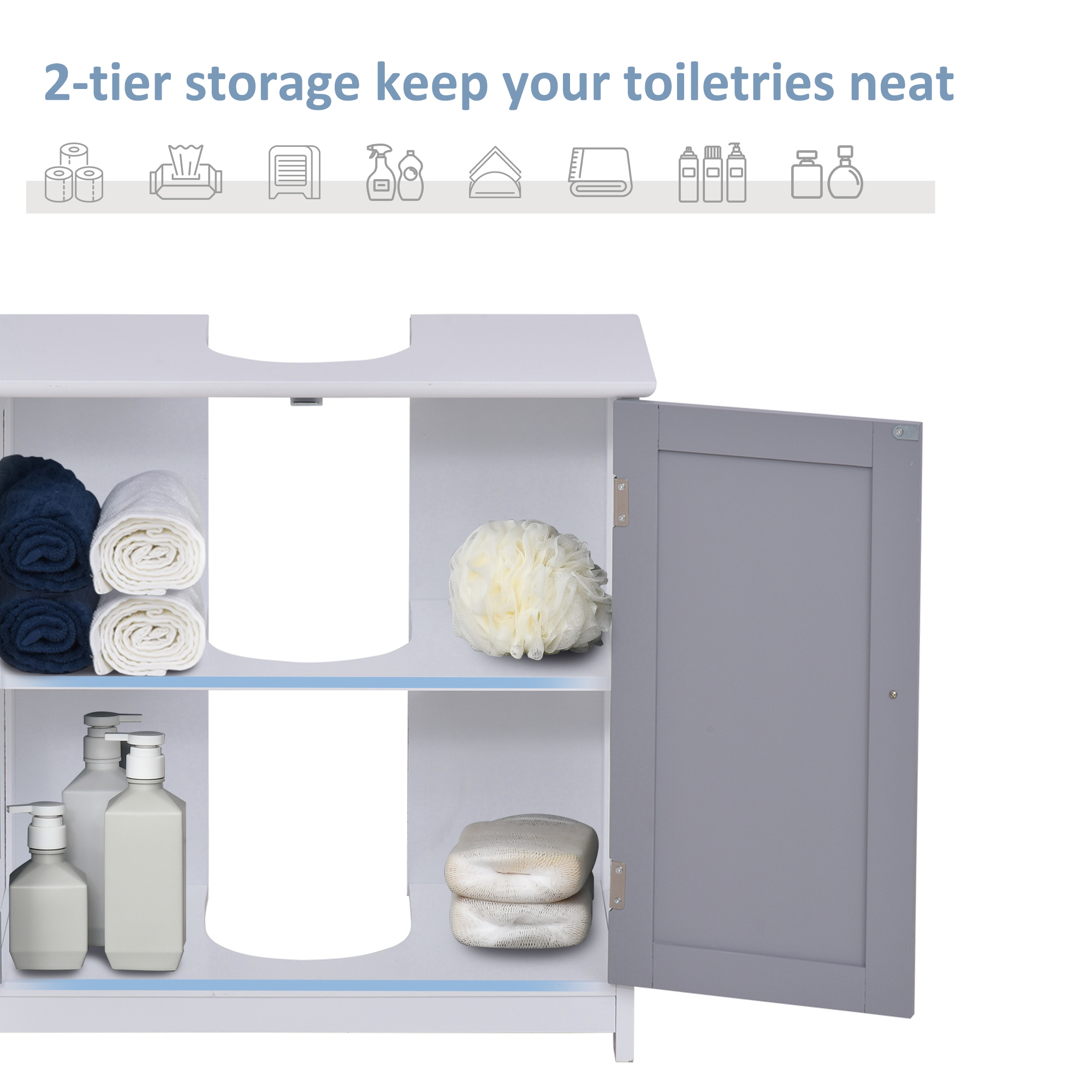 Kleankin Under Sink Vanity Unit, Bathroom Storage Cabinet with Adjustable Shelf, Handles, Drain Hole, 60x60cm, White & Grey
