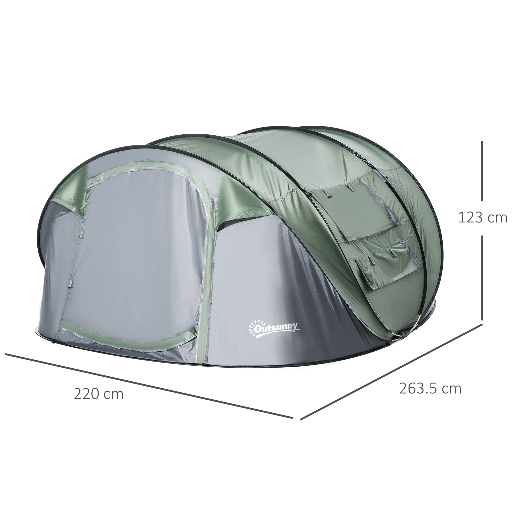Outsunny Pop-up Camping Tent 4-5 Person, Waterproof with 2 Mesh & PVC Windows, Portable Carry Bag, Dark Green
