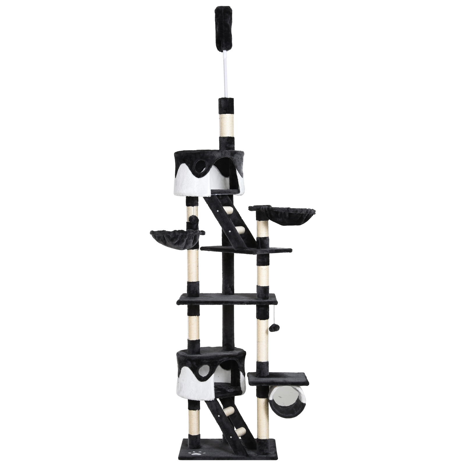 PawHut Tiragraffi per gatto a Soffitto Multilivello 240-260cm, Albero per Gatti con Cucce, Amaca e Scale, Corde in Sisal, Grigio Scuro e Bianco