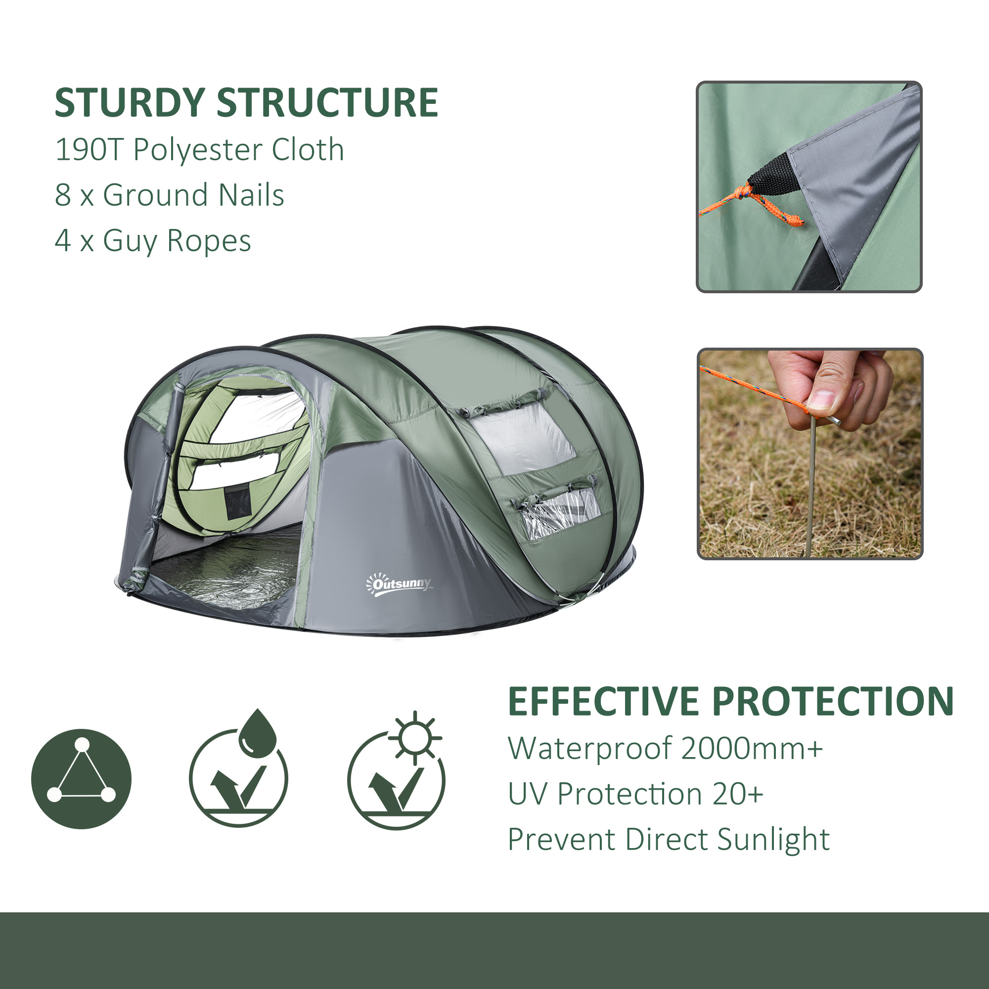 Outsunny Pop-up Camping Tent 4-5 Person, Waterproof with 2 Mesh & PVC Windows, Portable Carry Bag, Dark Green