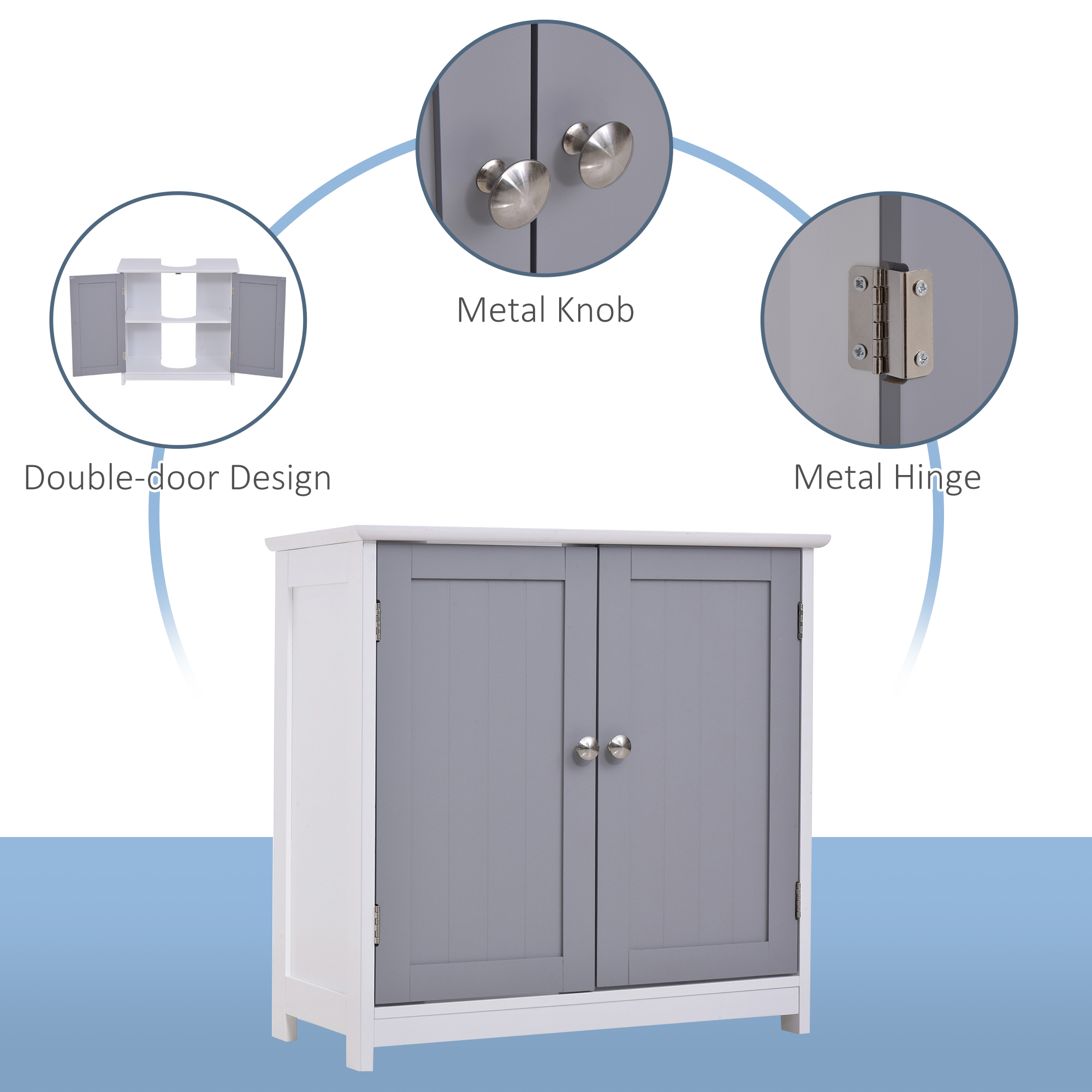 Kleankin Under Sink Vanity Unit, Bathroom Storage Cabinet with Adjustable Shelf, Handles, Drain Hole, 60x60cm, White & Grey