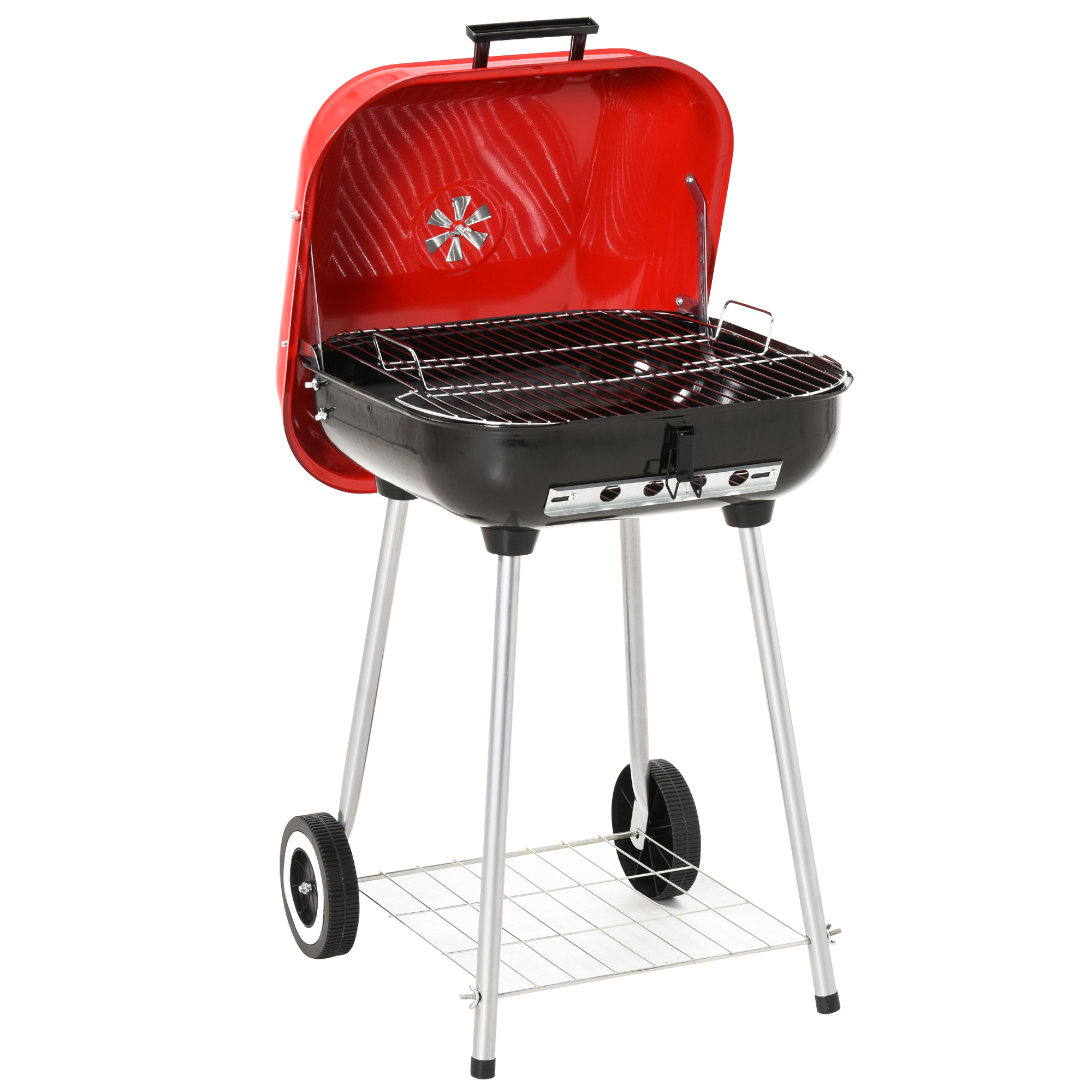 Outsunny Barbecue a Carbonella BBQ Grill con Coperchio e Ruote, Utensile BBQ Grill, Giardino Terrazza Campeggio Picnic 45x47.5x70cm