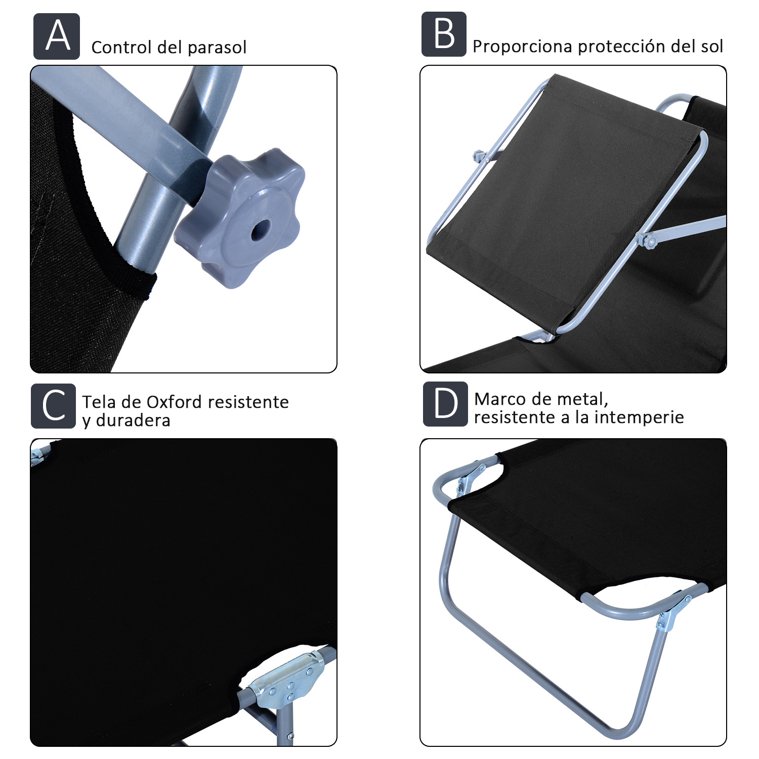 Outsunny® Tumbona Plegable tipo Silla Reclinable para Exterior Aire Libre  Jardín Terraza Piscina Negro Oxford Hierro 187x58x27cm | Aosom ES