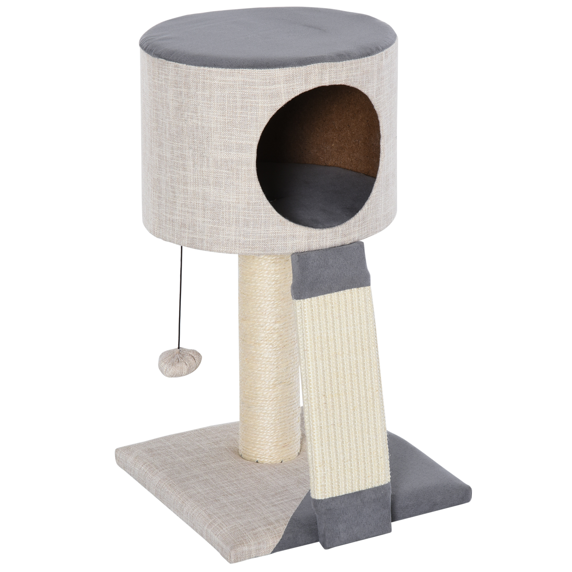 PawHut Árbol para Gatos 30x30x50 cm Torre de Gatos con Bola Colgante Cueva Compacta Poste Rascador Tablero de Rascado Plataforma Inferior Suave Gris