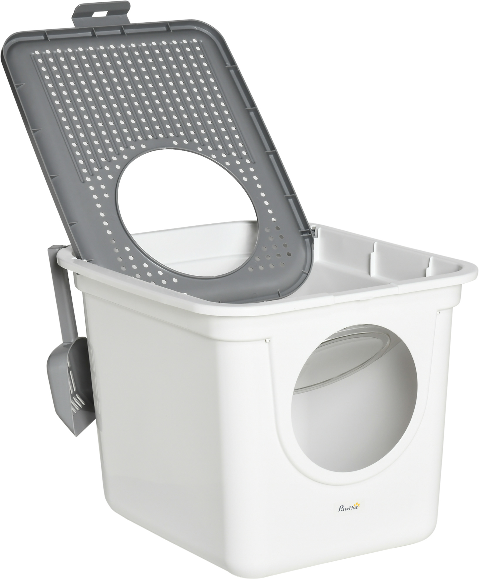 PawHut Enclosed Cat Litter Box, Easy Clean Pet Toilet, Front Entry & Top Exit, Includes Scoop, Sleek White