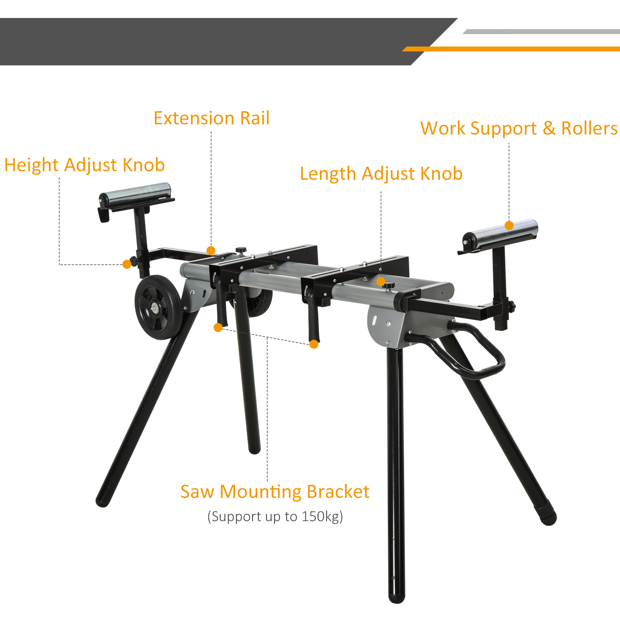 DURHAND Miter Saw Stand with Extensions, Sawhorse for Cutting Logs, Foldable with Wheels Max Load 150 Kg, Black and Grey
