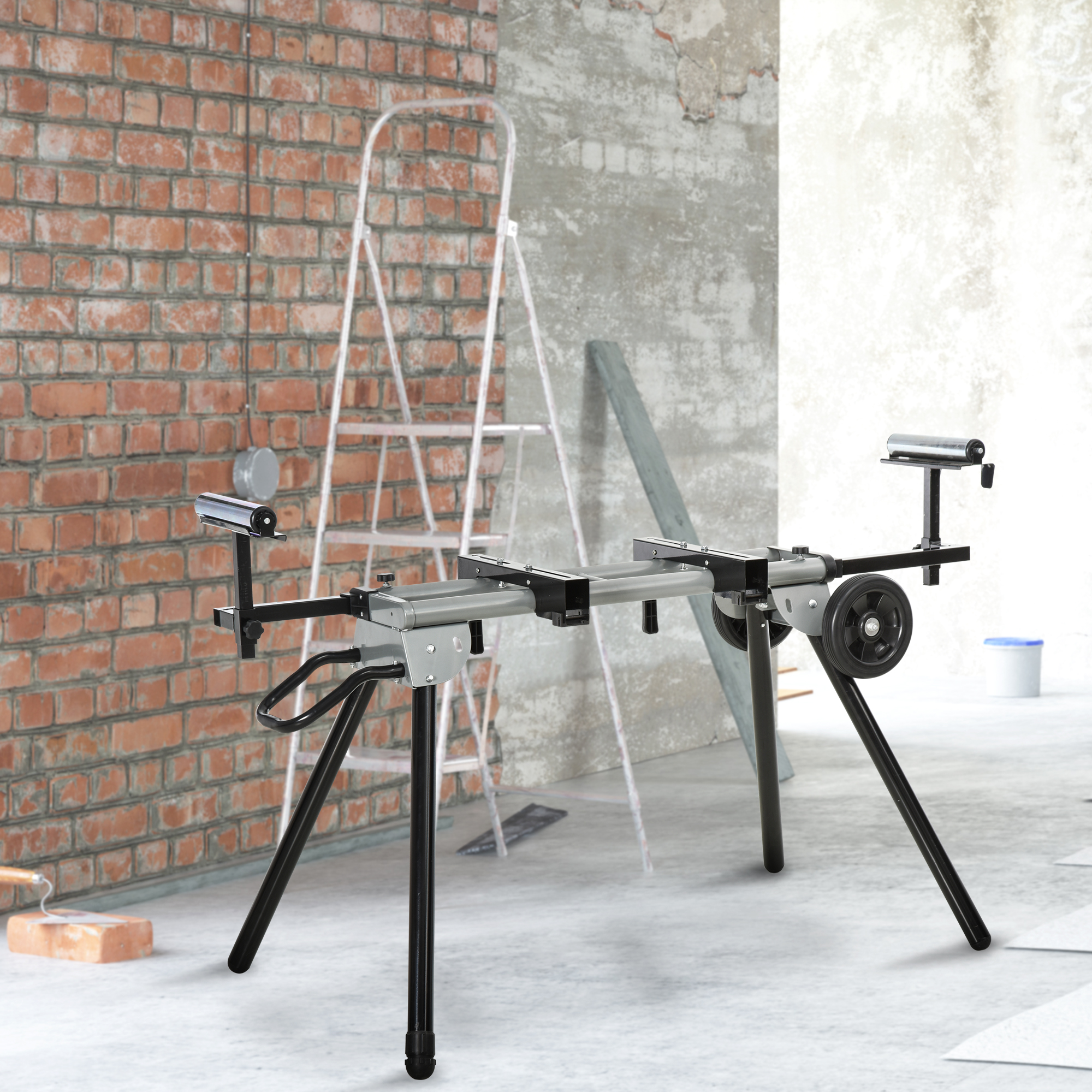 DURHAND Miter Saw Stand with Extensions, Sawhorse for Cutting Logs, Foldable with Wheels Max Load 150 Kg, Black and Grey