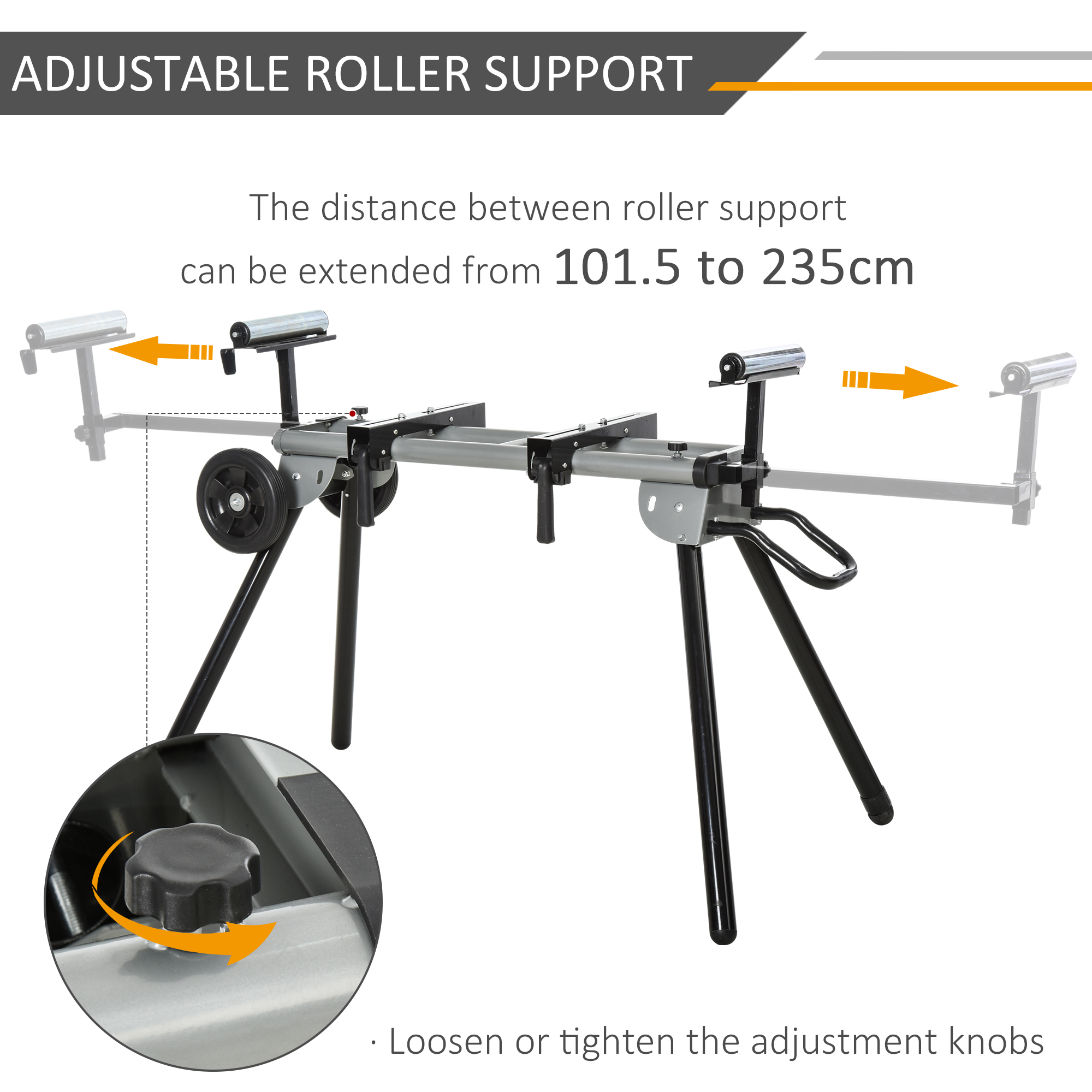 DURHAND Miter Saw Stand with Extensions, Sawhorse for Cutting Logs, Foldable with Wheels Max Load 150 Kg, Black and Grey