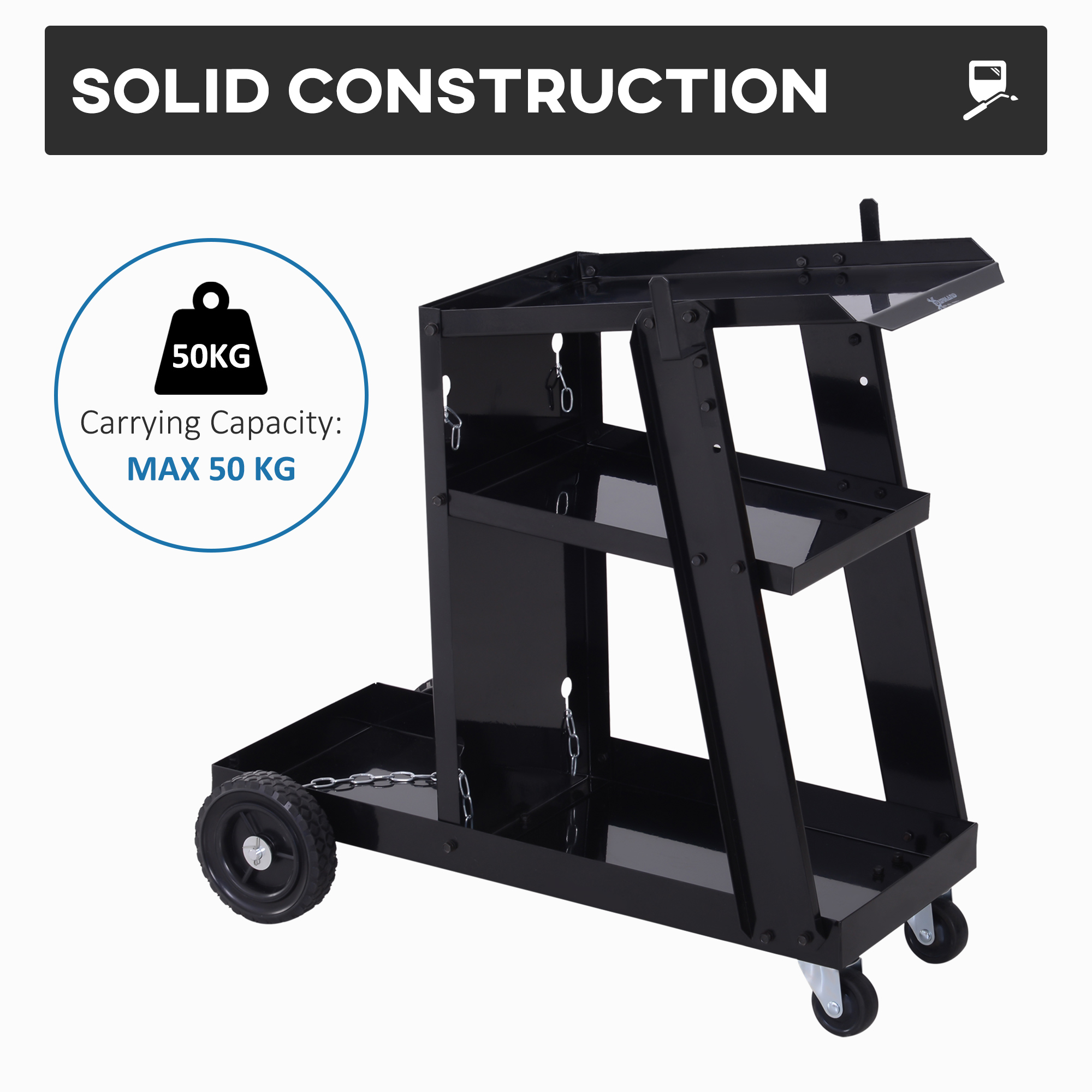 DURHAND Welding Trolley Cart, Garage Welder Trolley for Gas Bottles, with Safety Chain and Wheels, Black