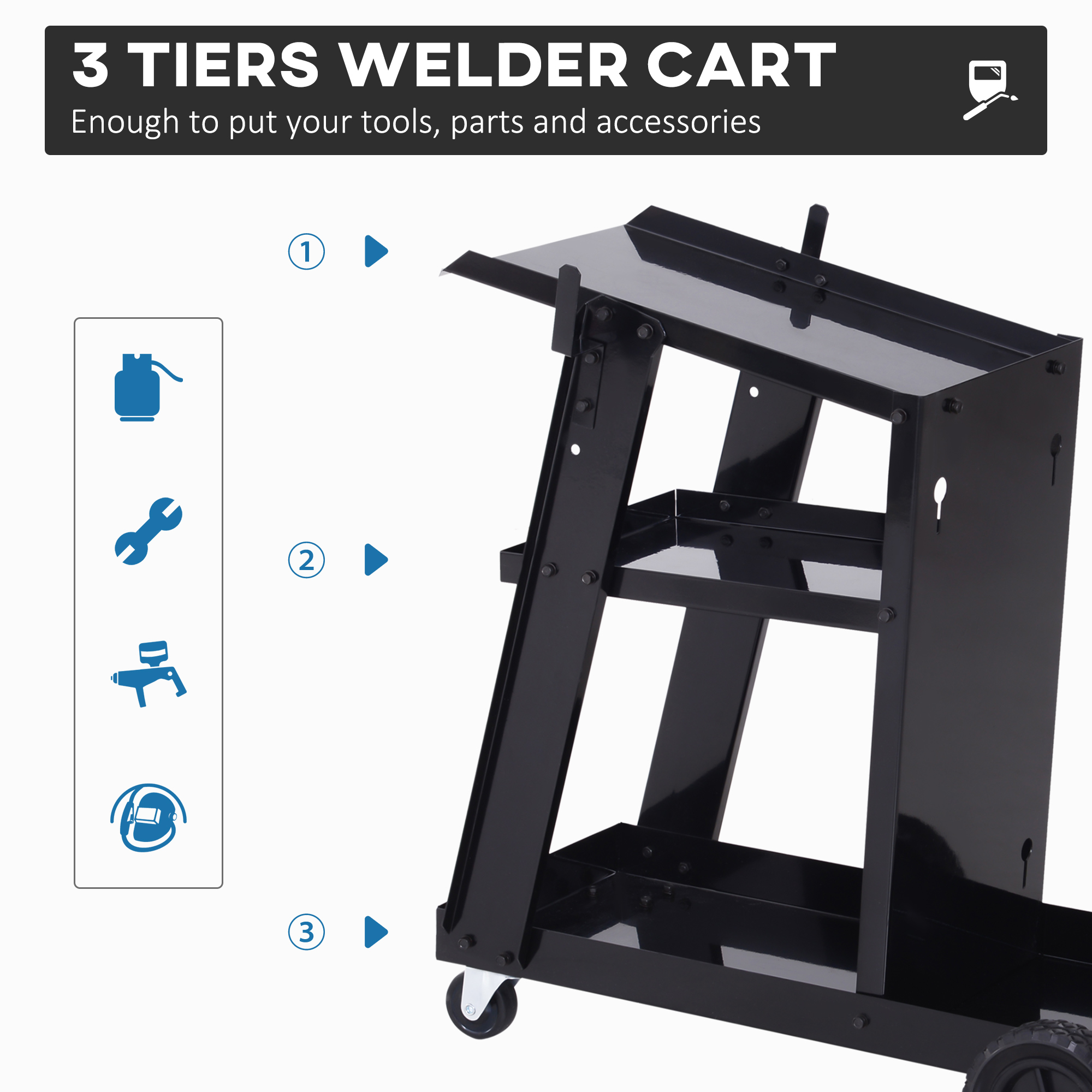 DURHAND Welding Trolley Cart, Garage Welder Trolley for Gas Bottles, with Safety Chain and Wheels, Black