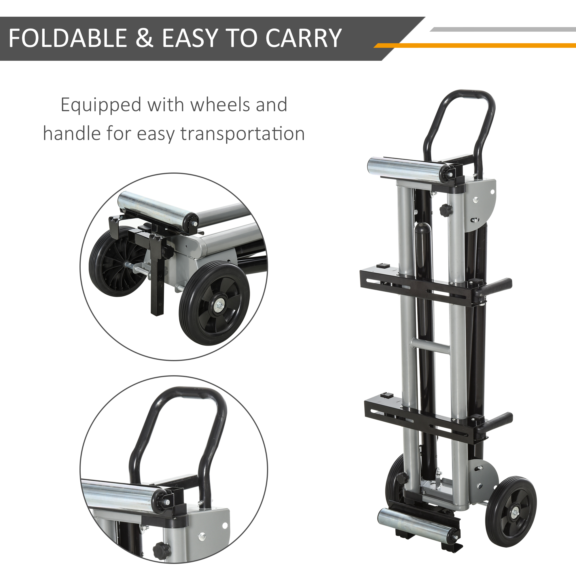 DURHAND Miter Saw Stand with Extensions, Sawhorse for Cutting Logs, Foldable with Wheels Max Load 150 Kg, Black and Grey