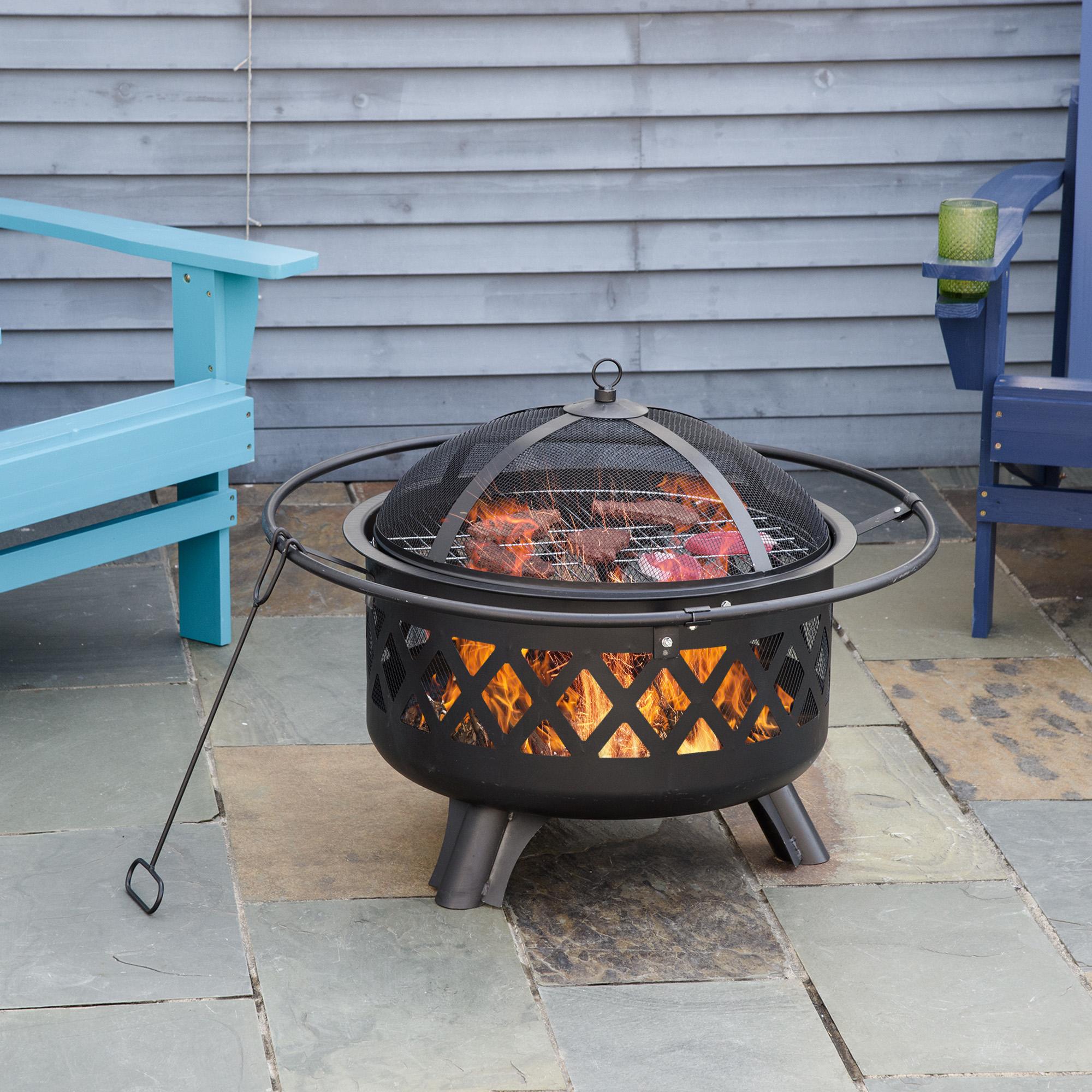 Outsunny 2-in-1 Outdoor Fire Pit with BBQ Grill, Patio Heater Log Wood  Charcoal Burner, Firepit Bowl with Spark Screen Cover, Poker for Backyard  