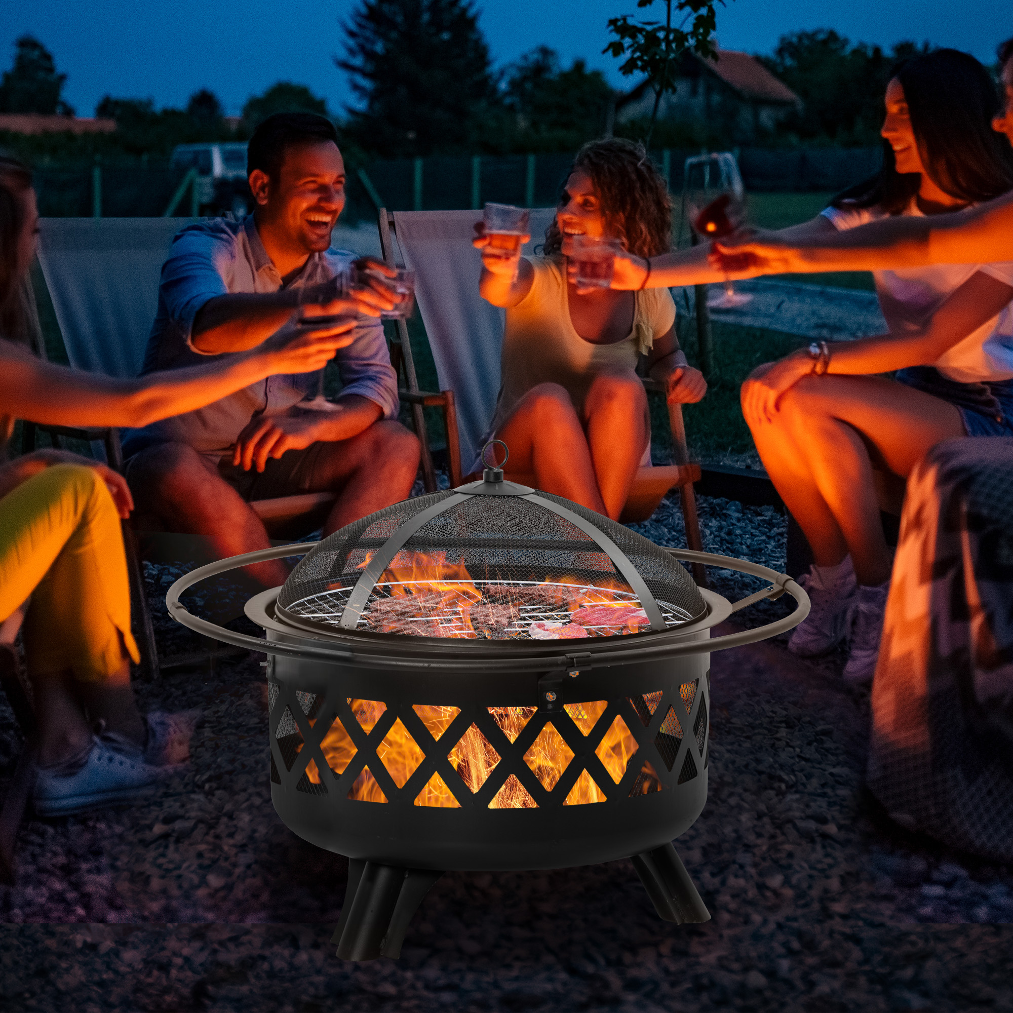 Outsunny 2-in-1 Outdoor Fire Pit with BBQ Grill, Patio Heater Log Wood Charcoal Burner, Firepit Bowl w/Spark Screen Cover, Poker for Backyard Bonfire