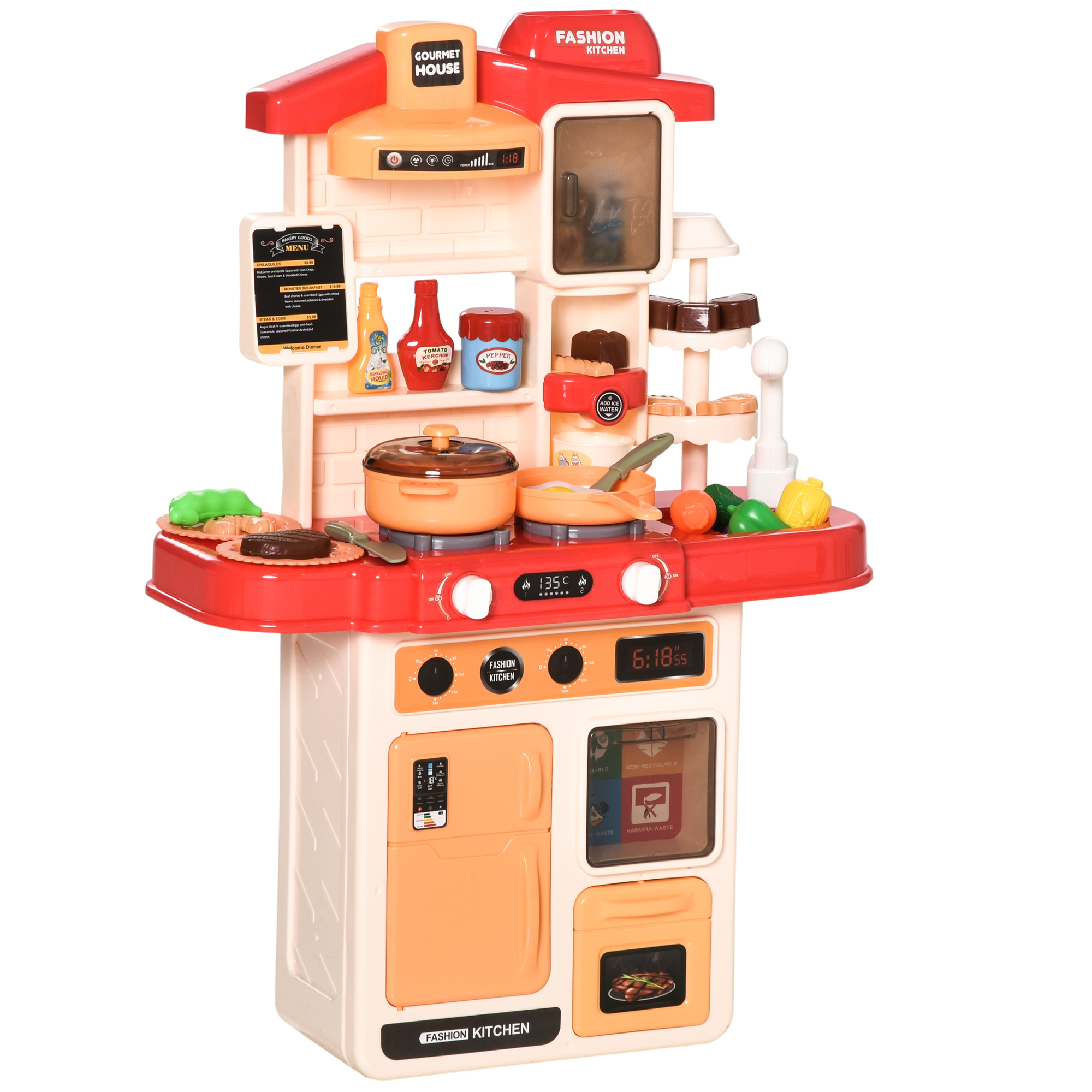 HOMCOM Cucina Giocattolo per Bambini 3-6 Anni con 65 Accessori, Fornelli con Suoni, Lavandino e Vapore, 46x20x64.5cm, Beige Rosa