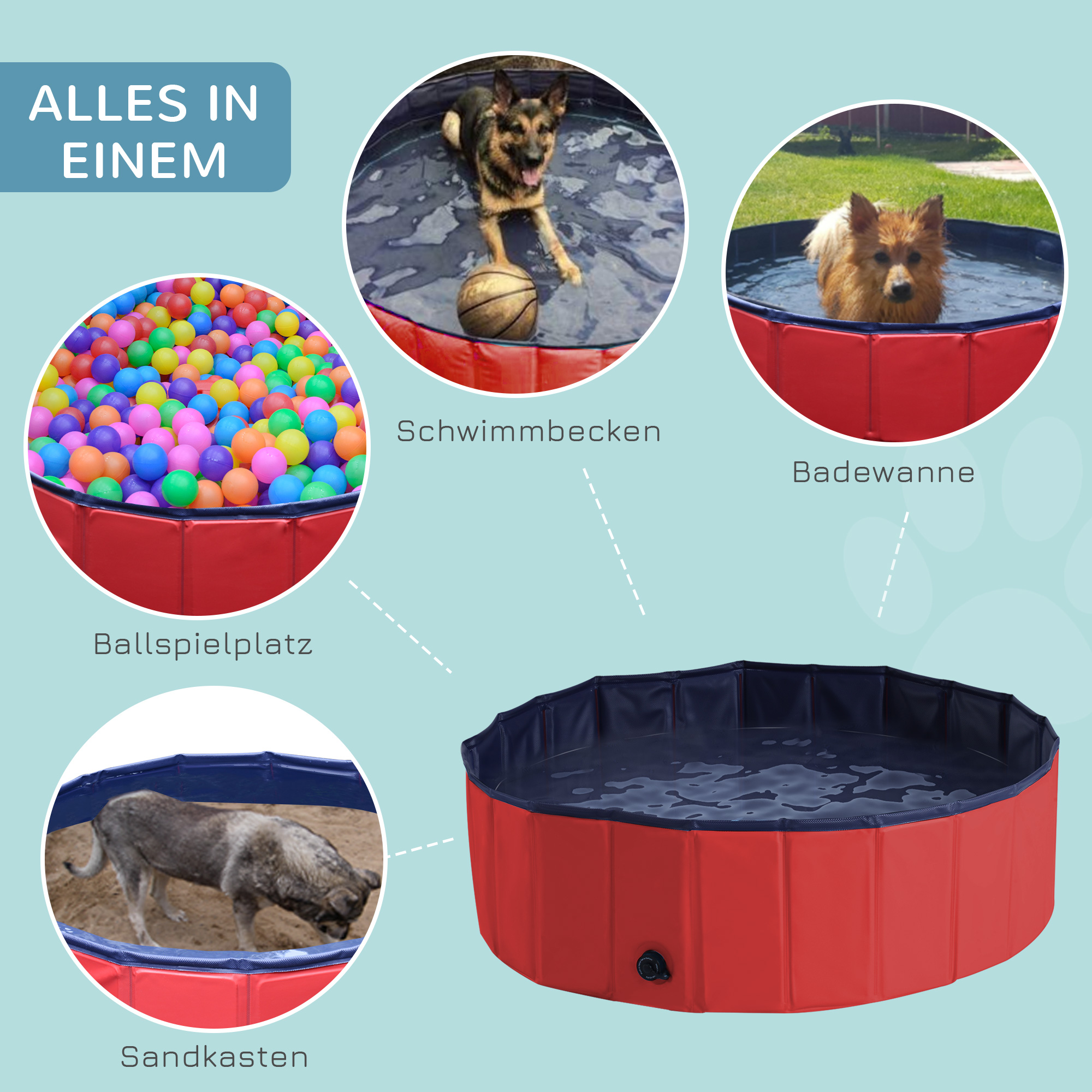 Pawhut Portable Pet Swimming Pool, Foldable Bathing Tub for Dogs and Cats, Non-Slip, Durable PVC, å¦—?00x30H cm, Red