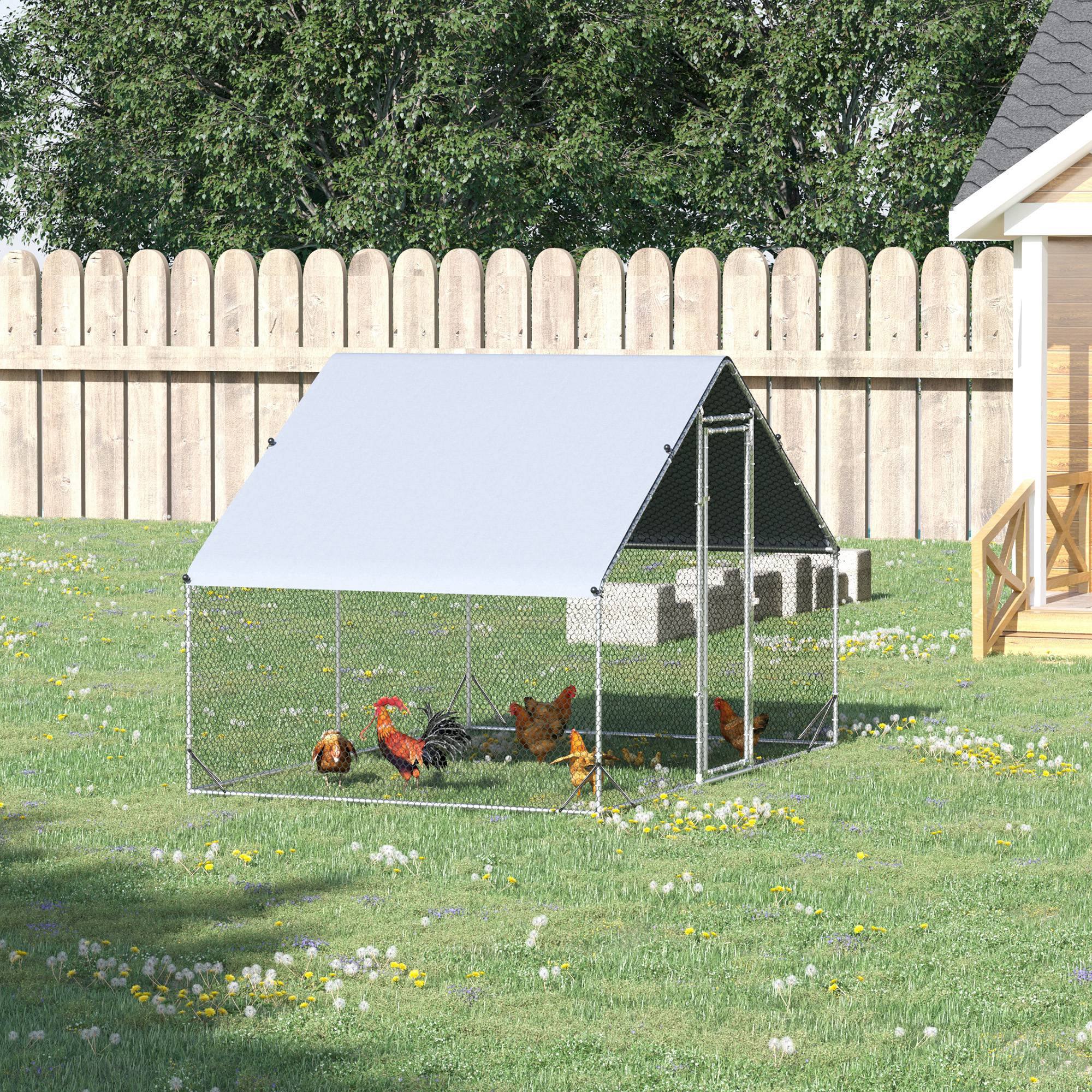 PawHut Walk-In Chicken Run, Galvanized Chicken Coop Hen Poultry House Cage Rabbit Hutch Pet Playpen Backyard w/ Water-Resist Cover, 3 x 2 x 2m
