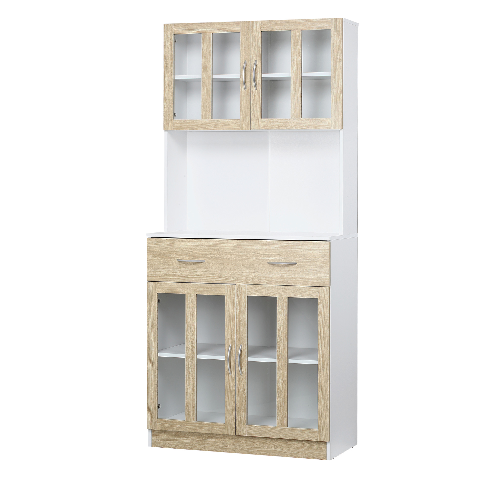 HOMCOM Credenza Cucina Armadio da 180cm con Ante in Vetro, Credenza Alta con Struttura in Legno, Cassetti e Armadietti, Bianco