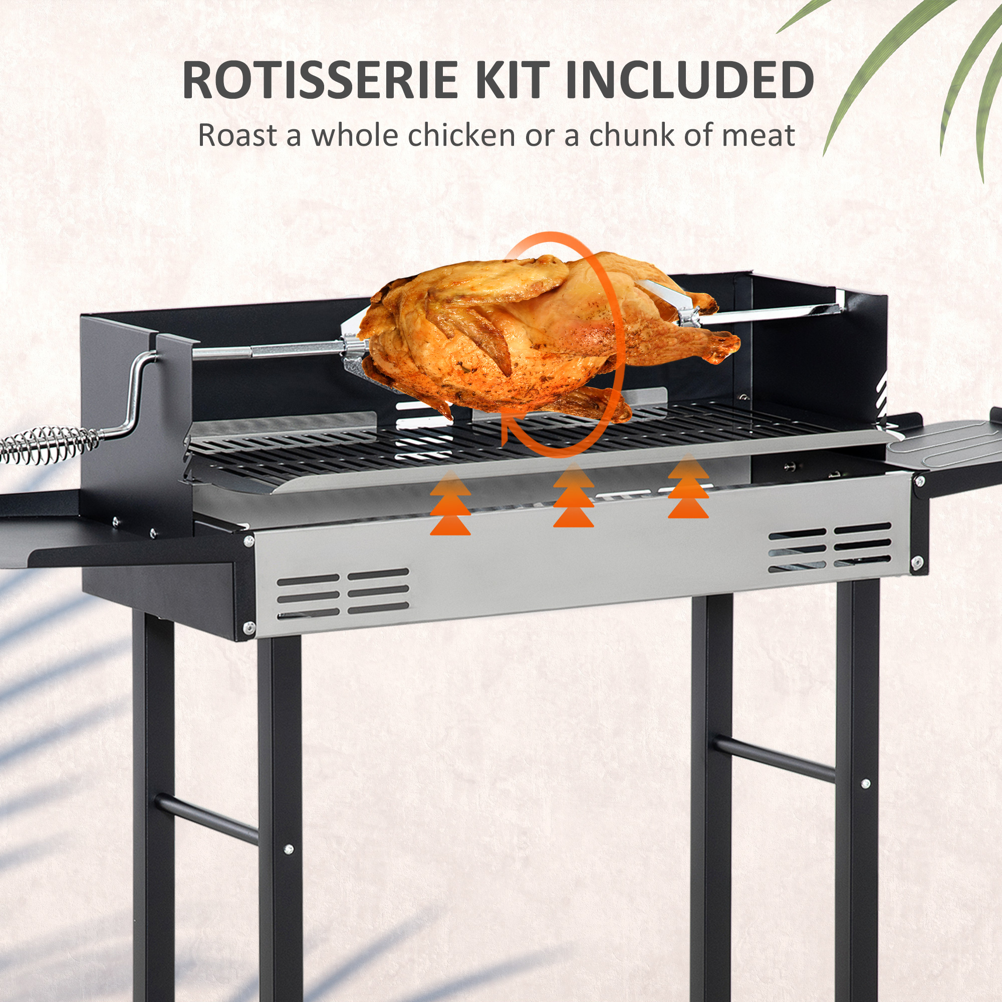 Outsunny Rotisserie Charcoal Barbecue Grill Garden 2-in-1 BBQ Roasting Machine for Chicken w/ 3-Level Grill Grate, Stainless Steel