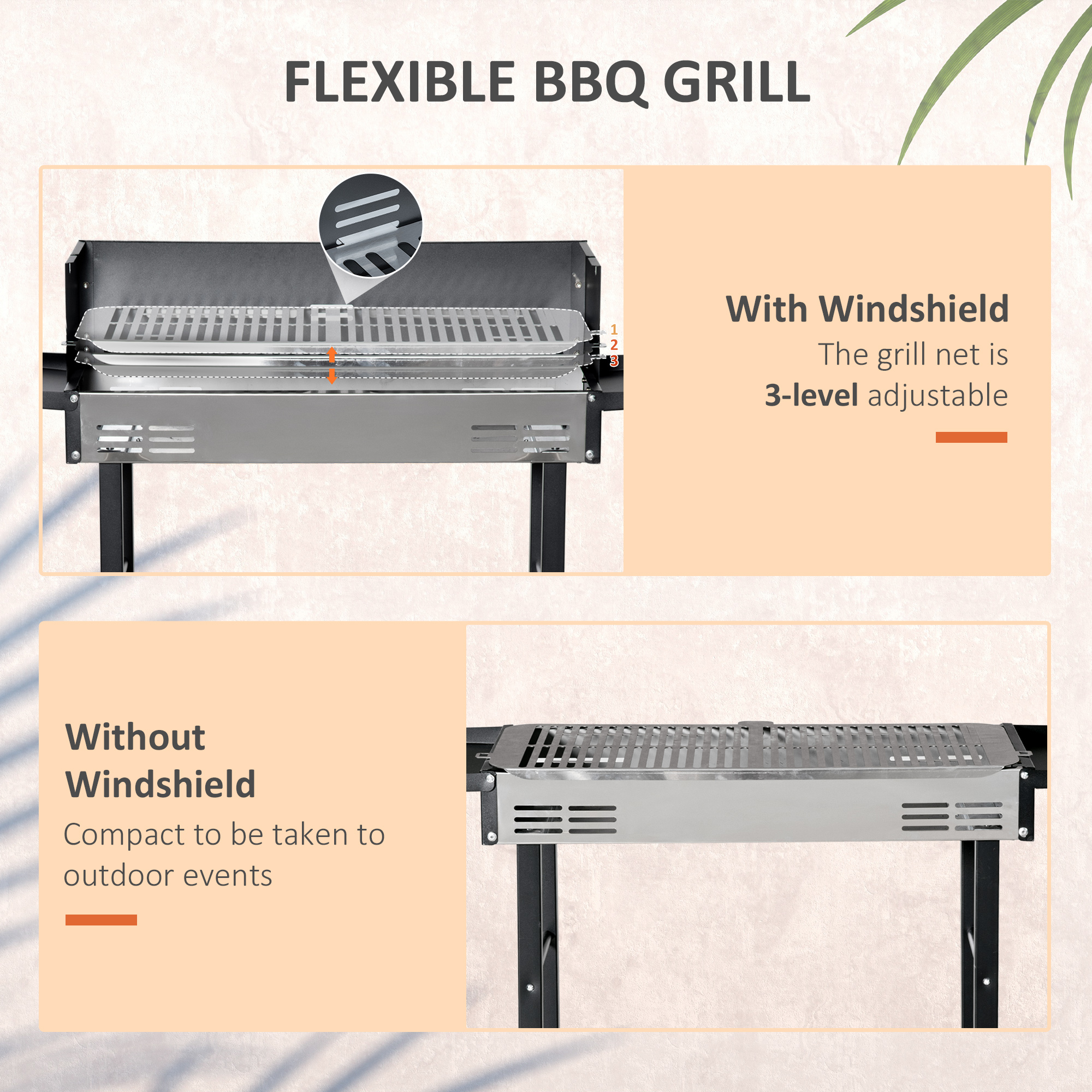 Outsunny Rotisserie Charcoal Barbecue Grill Garden 2-in-1 BBQ Roasting Machine for Chicken w/ 3-Level Grill Grate, Stainless Steel