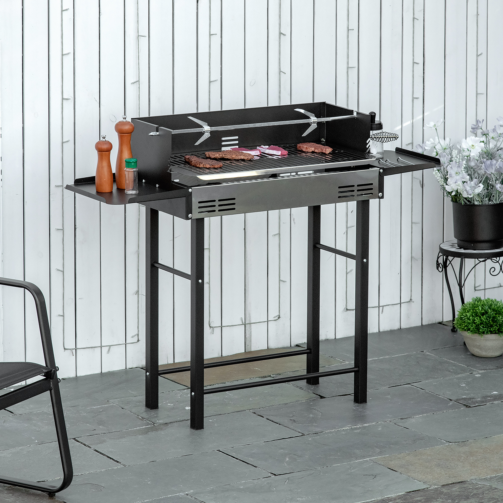Outsunny Rotisserie Charcoal Barbecue Grill Garden 2-in-1 BBQ Roasting Machine for Chicken w/ 3-Level Grill Grate, Stainless Steel