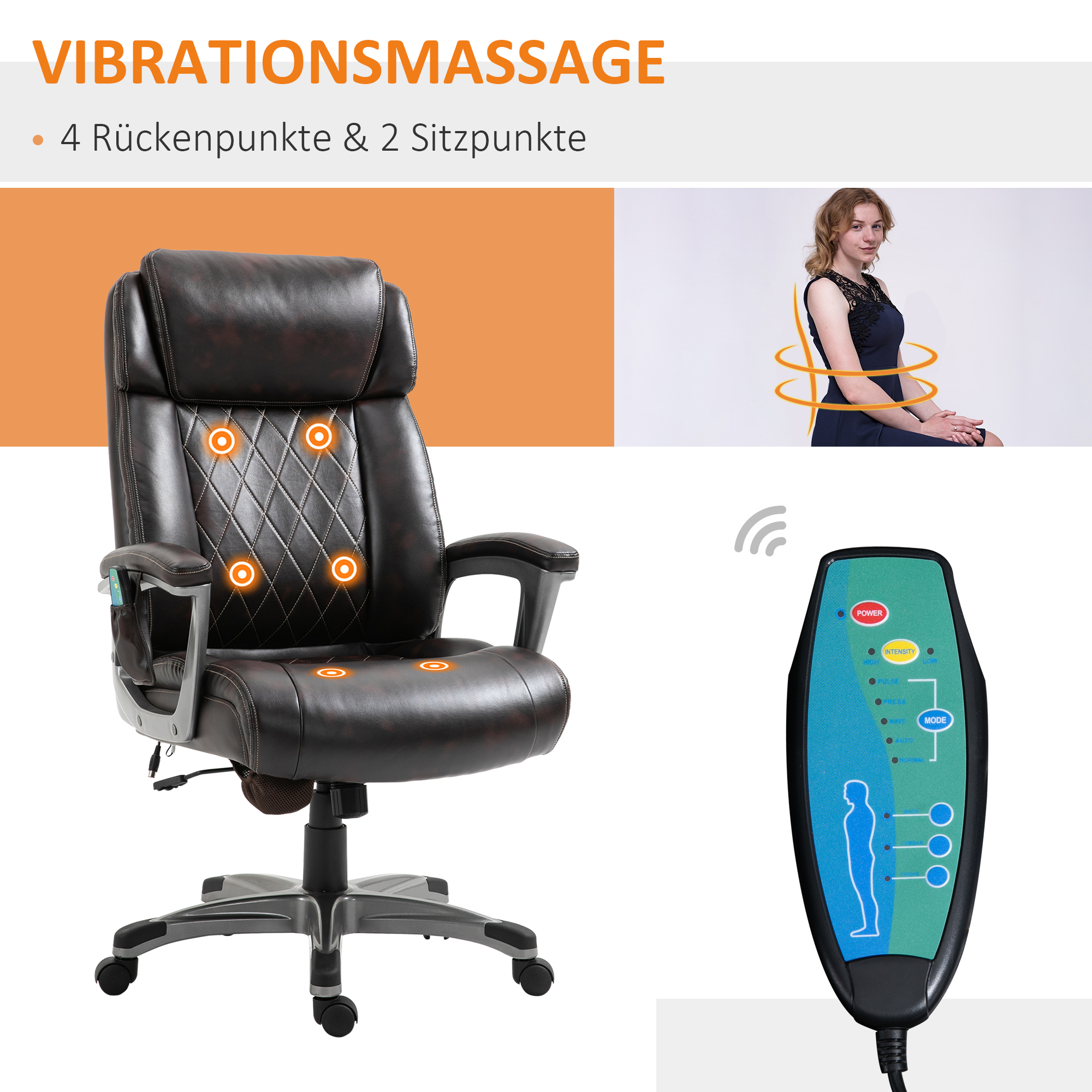 Vinsetto ergonomische bureaustoel, massagestoel, 6-punts draaibaar, kunstleer, 70 b x 76,5 d x