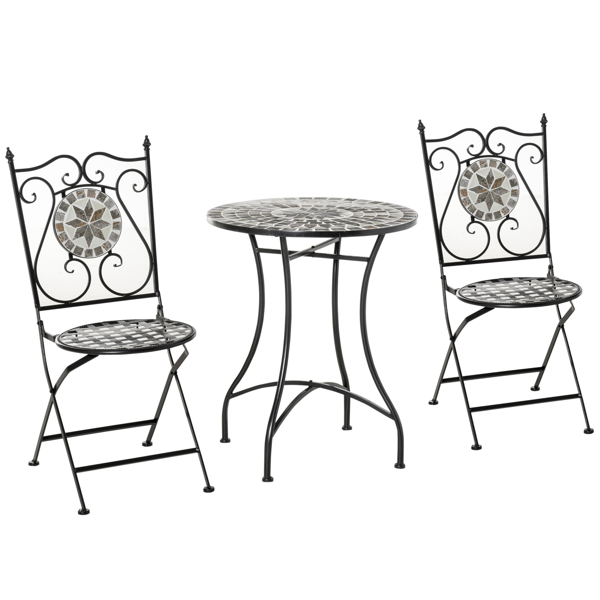 Outsunny Garten Sitzgruppe 3-teilige Mosaiktisch Essgruppe Gartenmöbel-Set 1 Tisch+2 faltbare Stühle Garten Metall Keramikfliese Mehrfarbing | 