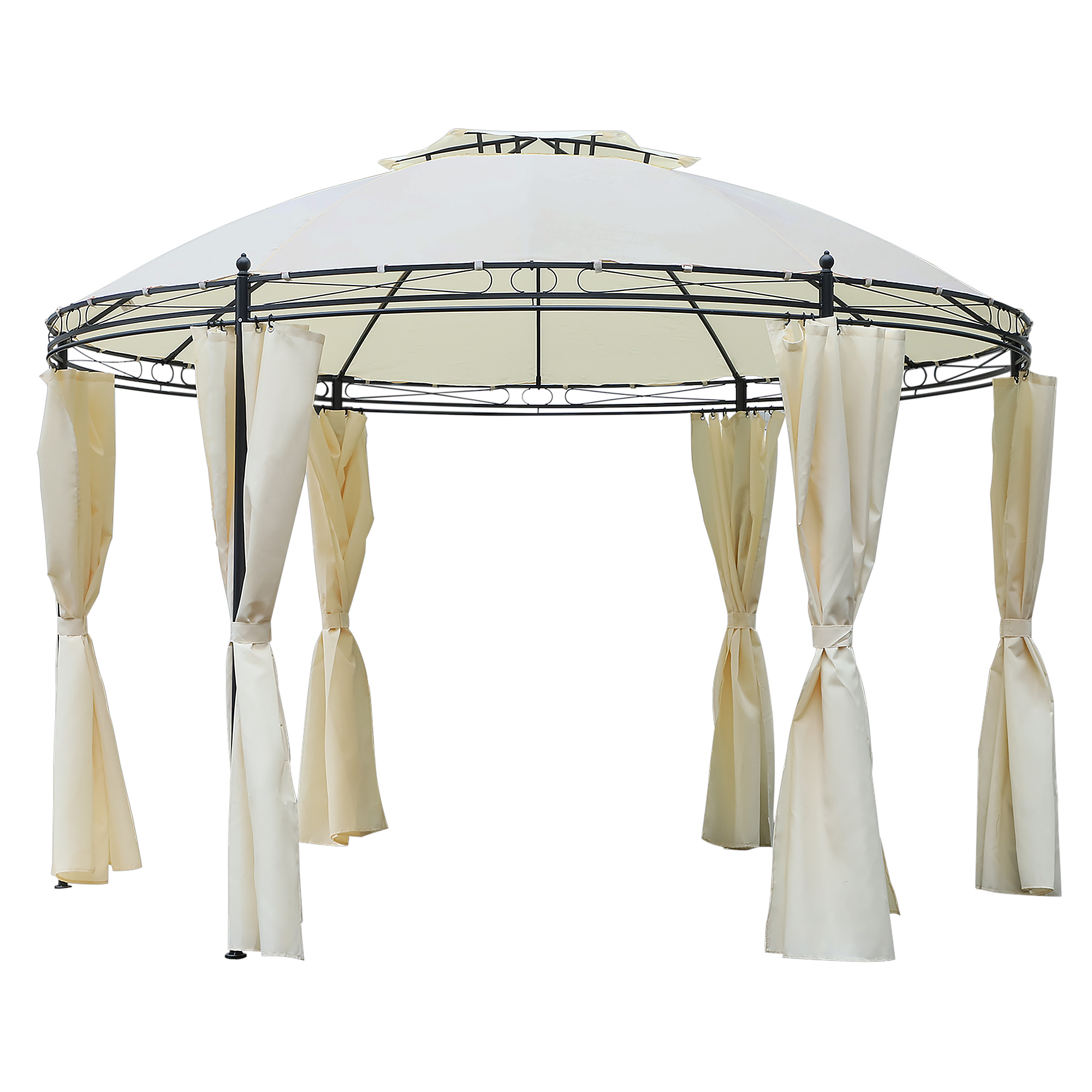 Outsunny Gazebo da Giardino Rotondo con Doppio Tettuccio, Cinghie a Strappo e Tende, in Acciaio e Poliestere, Φ350 x 275cm, Bianco