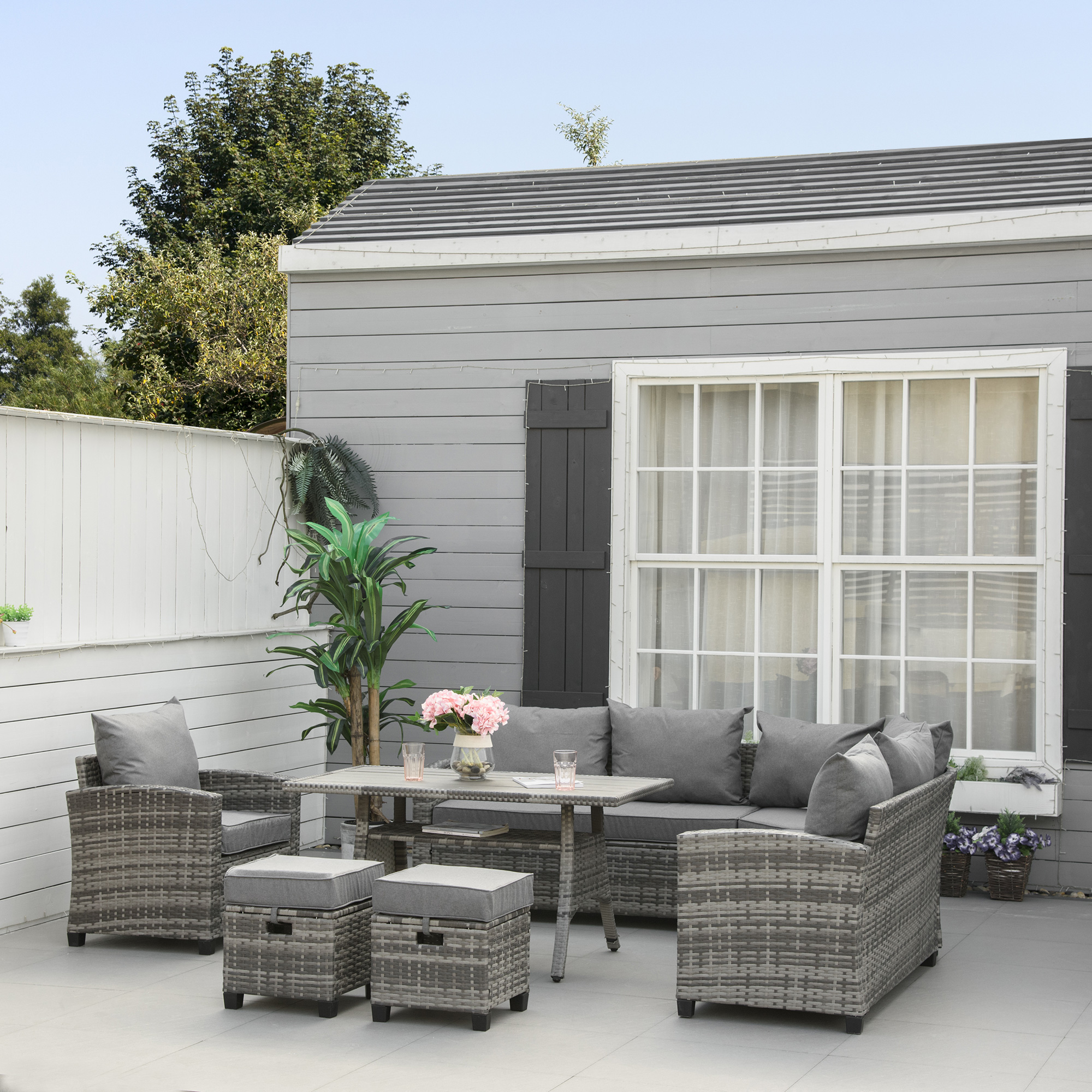 Polyrotan tuintafel en 6 stoelen set - Gegalvaniseerd staal, PE rotan, gehard glas - Bruin zwart