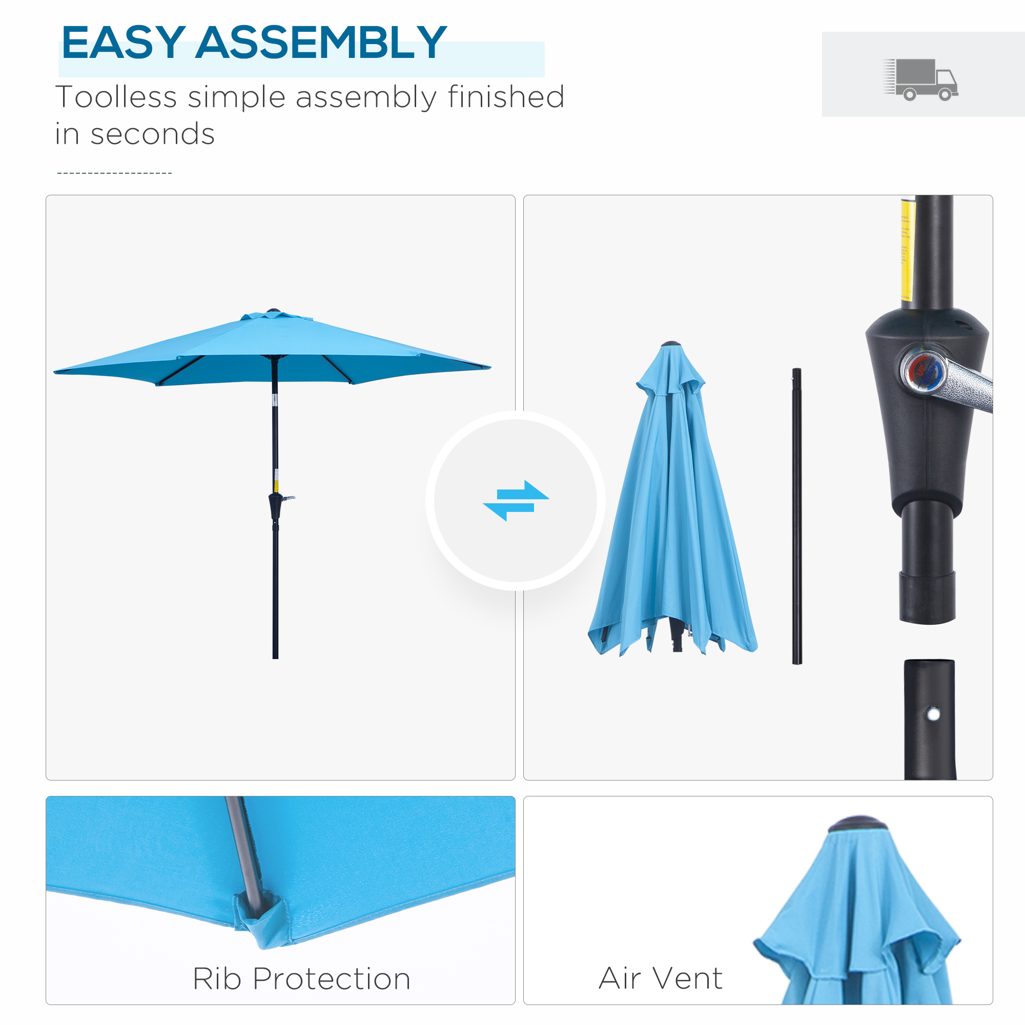Outsunny 2.7M Patio Tilt Umbrella Sun Parasol Outdoor Garden Sun Shade Aluminium Frame with Crankï¼ˆBlueï¼‰
