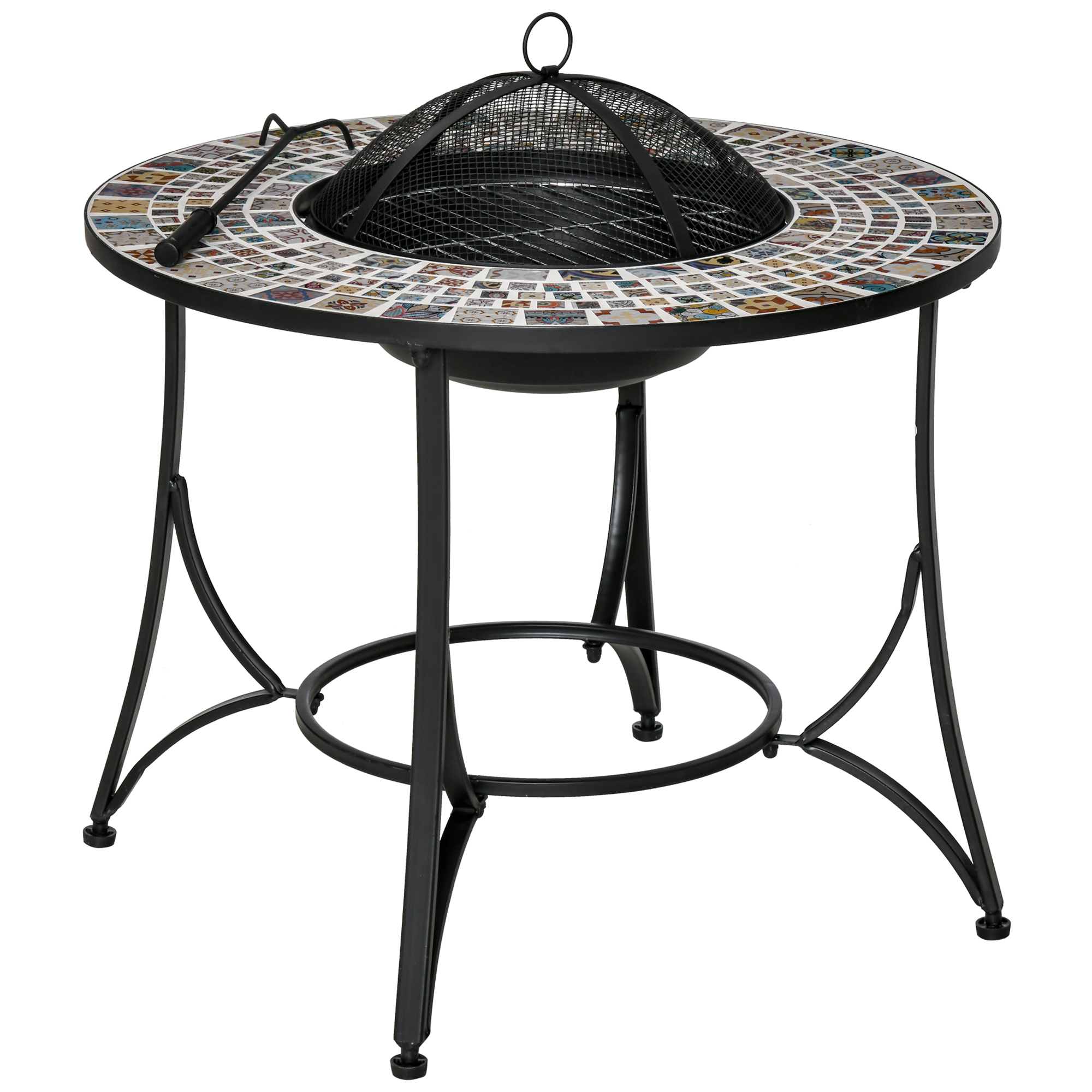 Outsunny Braciere da Esterno 3 in 1 Tavolino da Giardino e Griglia per Barbecue in Metallo e Ceramica, con Attizzatoio, 75x75x60cm