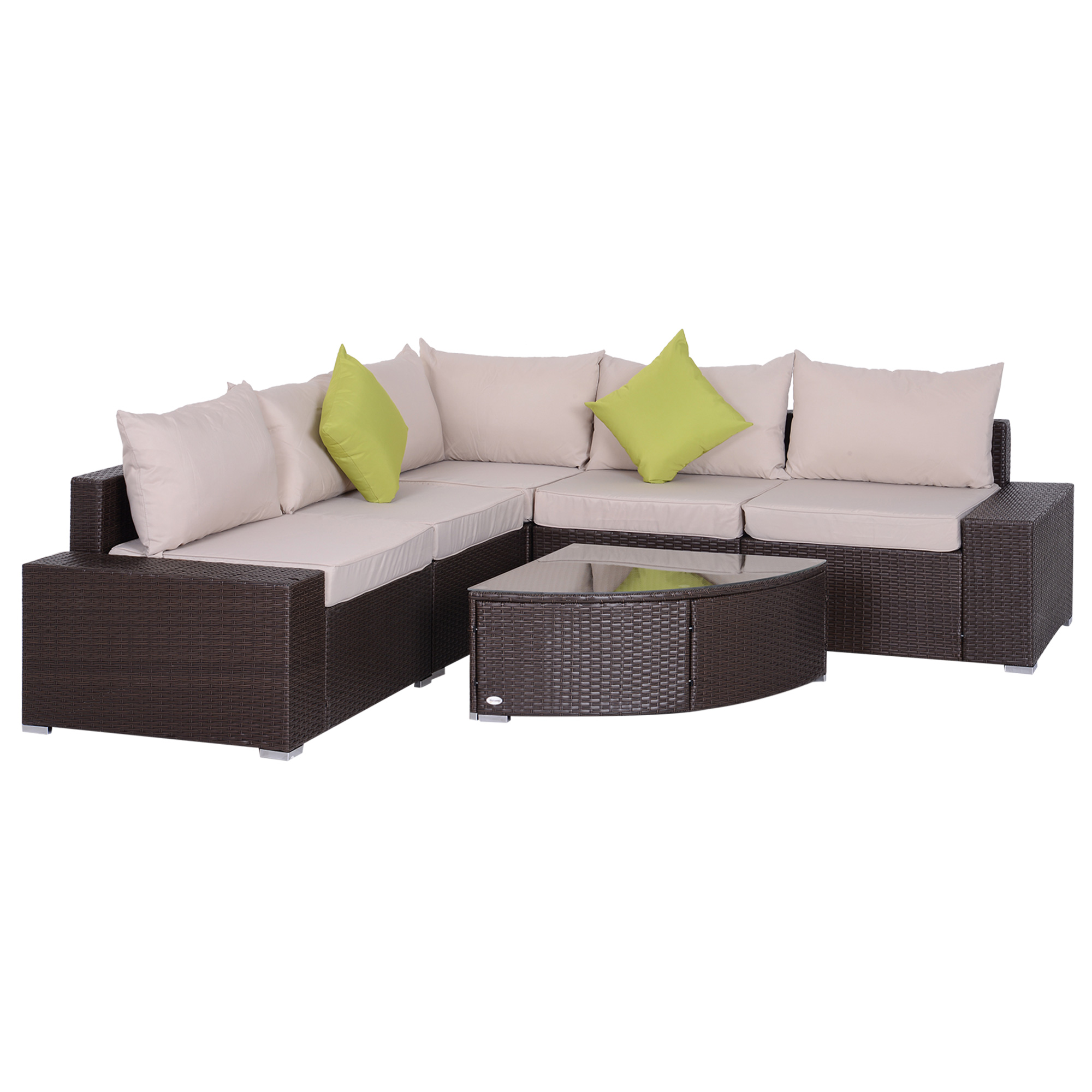 Outsunny Set Salotto da Giardino in Rattan PE da 6 Pezzi, Divano con Cuscini e Tavolino con Ripiano in Vetro, Marrone
