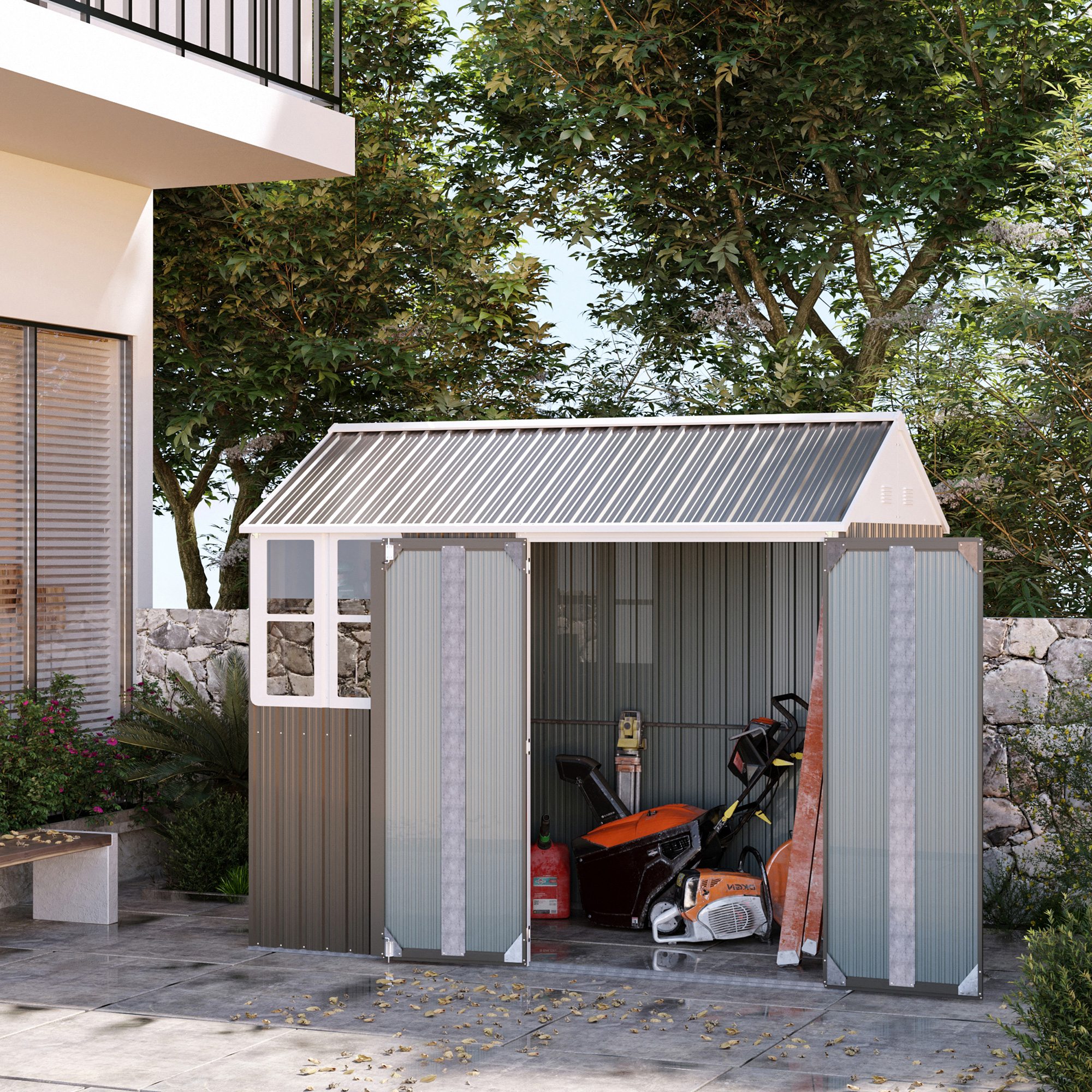 Outsunny 8 x 6 ft Metal Garden Storage Shed Patio Corrugated Roof Tool Storage Box w/ Double Door Window Sloped Roof, Grey