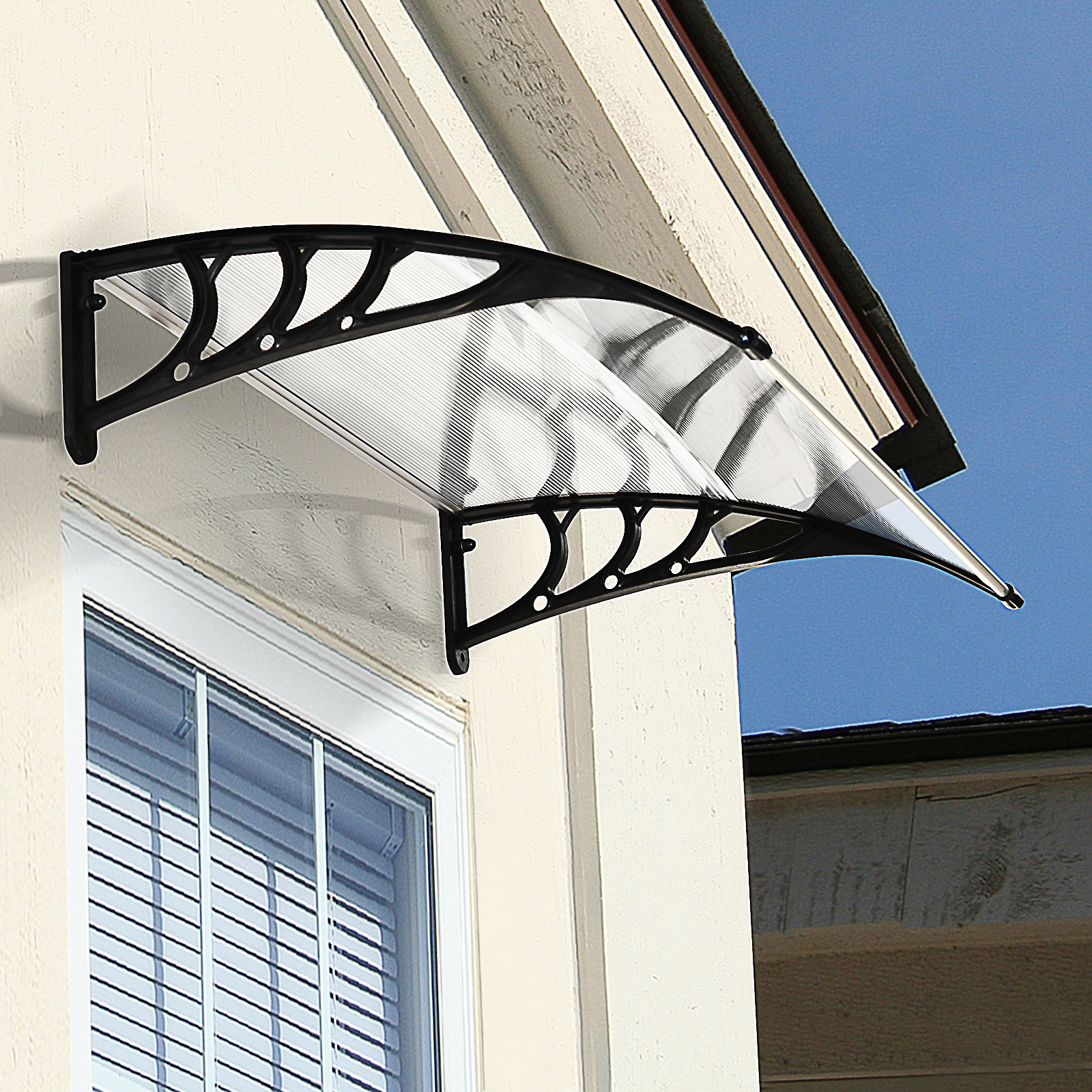 Outsunny Curved Window Door Canopy Aluminium Rigid Plastic Polycarbonate Fixed Outdoor Awning Modern Design UV Water Rain Resist