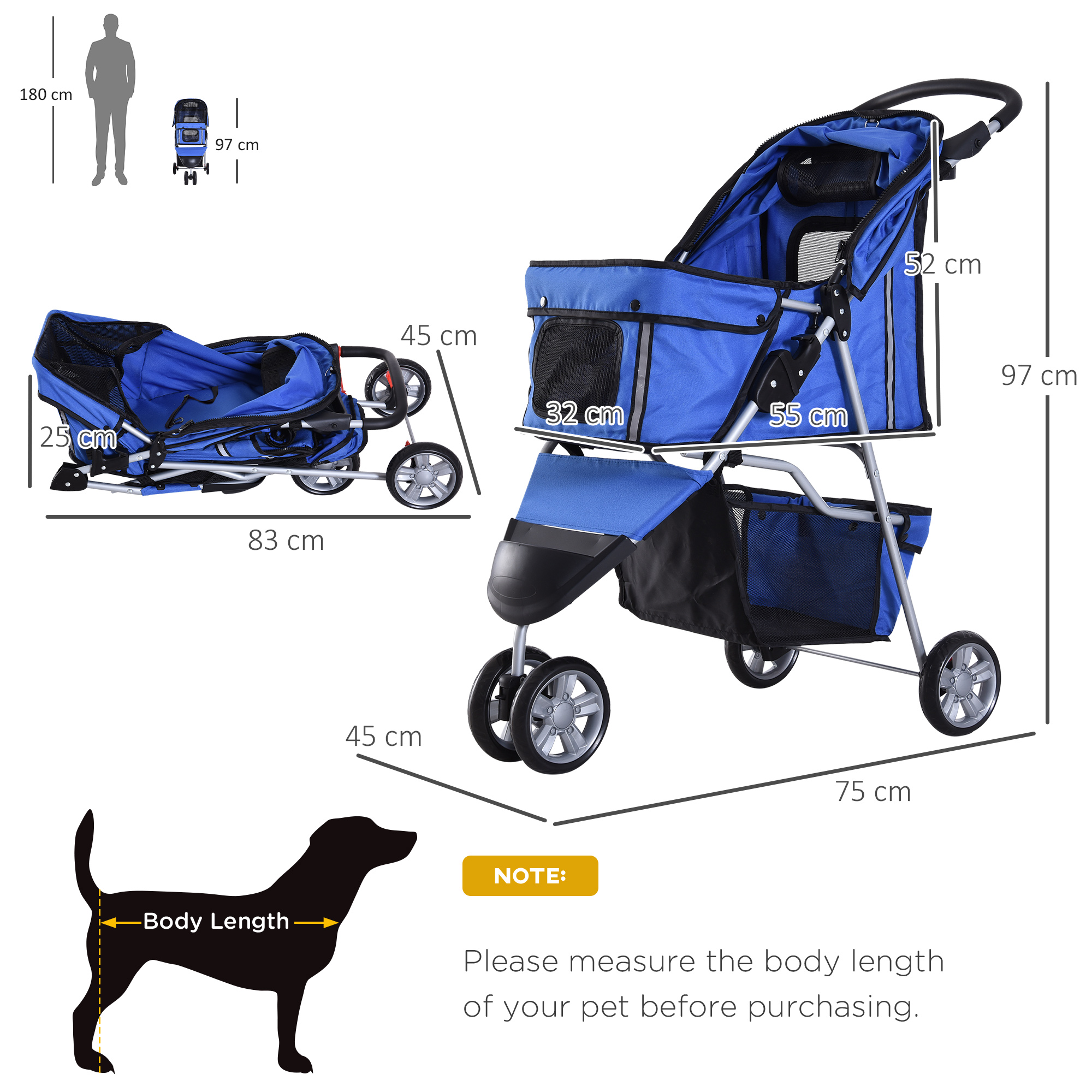 PawHut Pet Stroller for Dogs, Three-Wheel Dog Pushchair, Travel Pram with Storage Basket, Blue