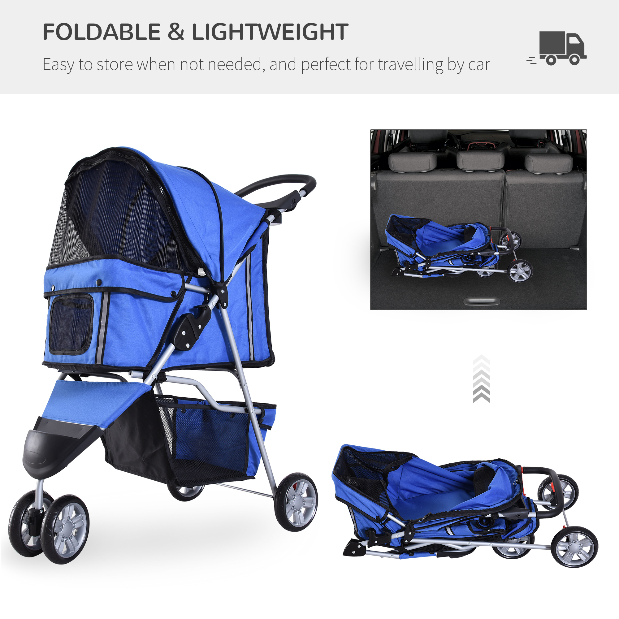 PawHut Pet Stroller for Dogs, Three-Wheel Dog Pushchair, Travel Pram with Storage Basket, Blue