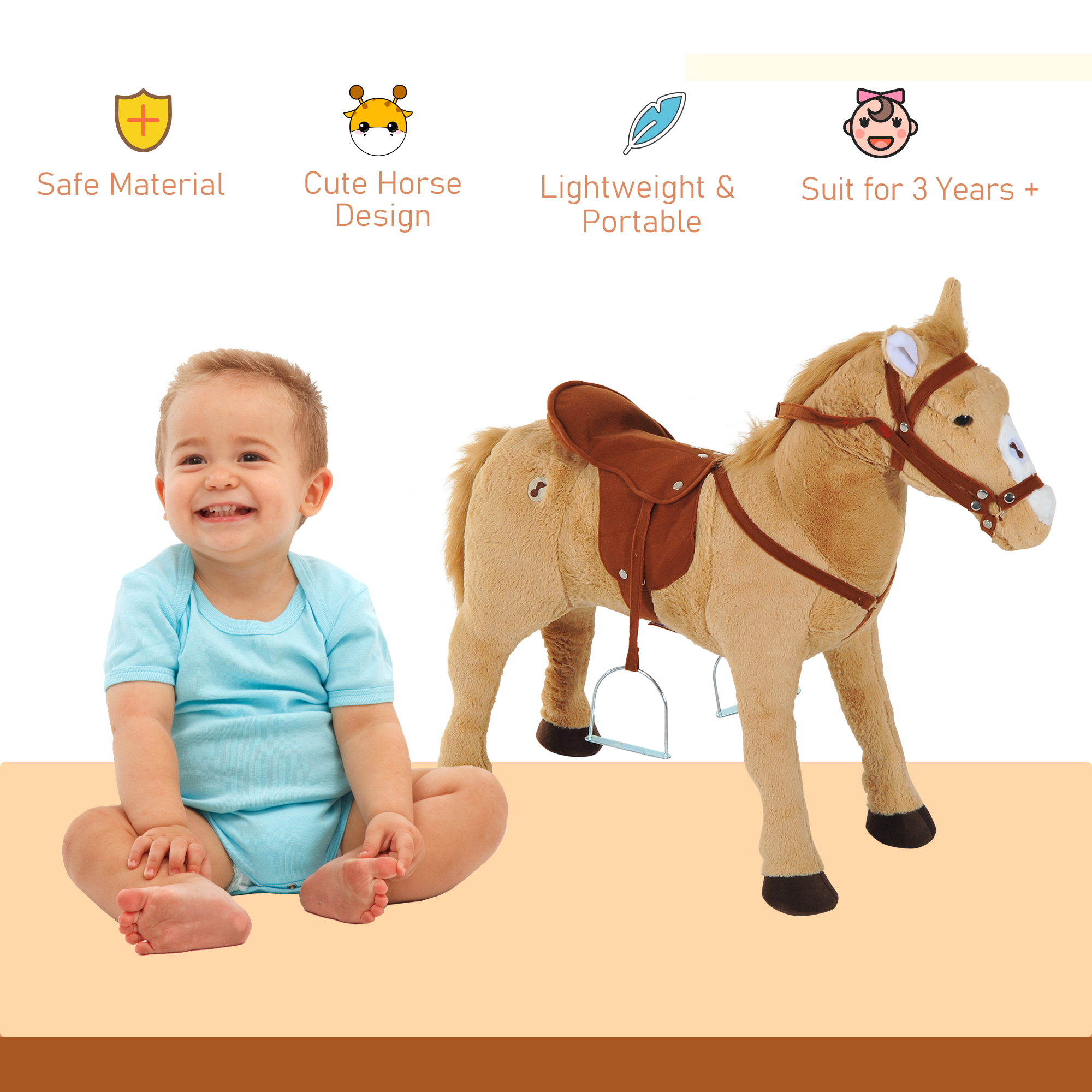 HOMCOM Rocking Pony, Children's Plush Toy with Sound, Soft and Safe, Beige