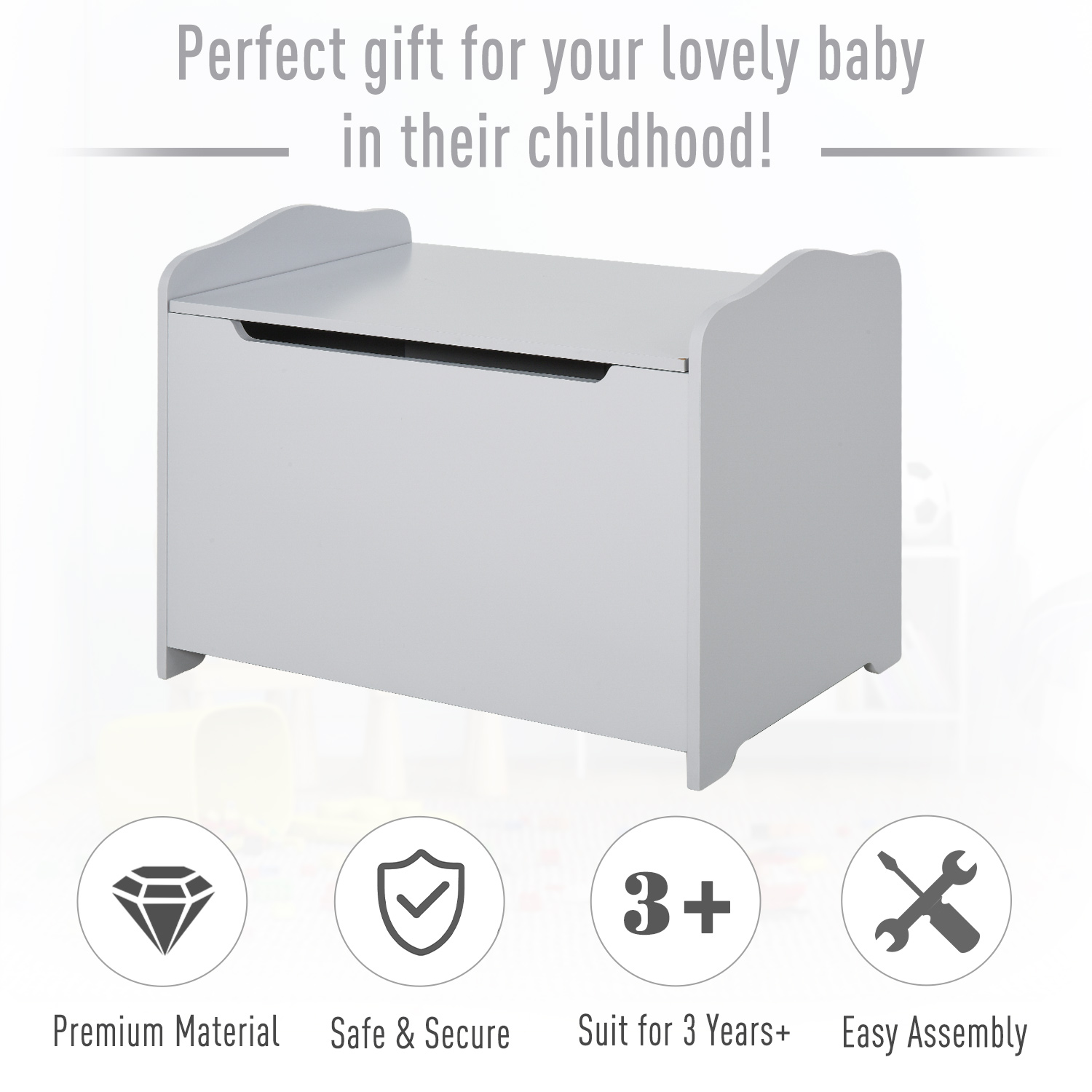 HOMCOM Wooden Kids Children Toy Storage Organizer Chest Safety Hinge Play Room Furniture Grey 60 x 40 x 48 cm