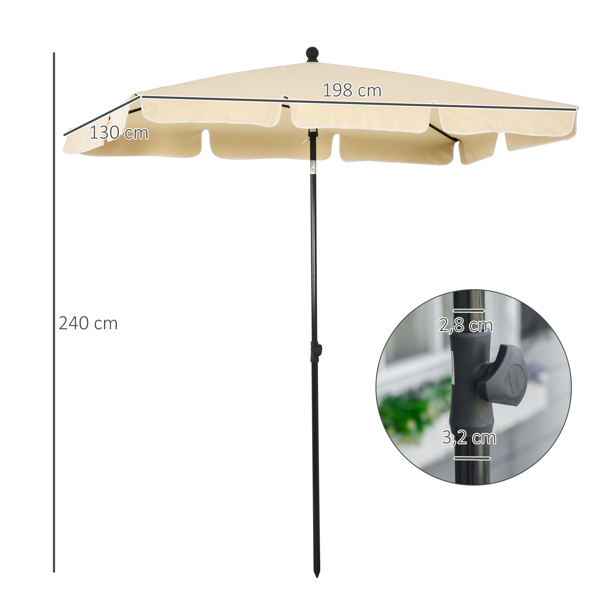 Outsunny Aluminium Sun Parasol, Rectangular Patio Garden Umbrella with Tilt, 2M x 1.25M, Beige