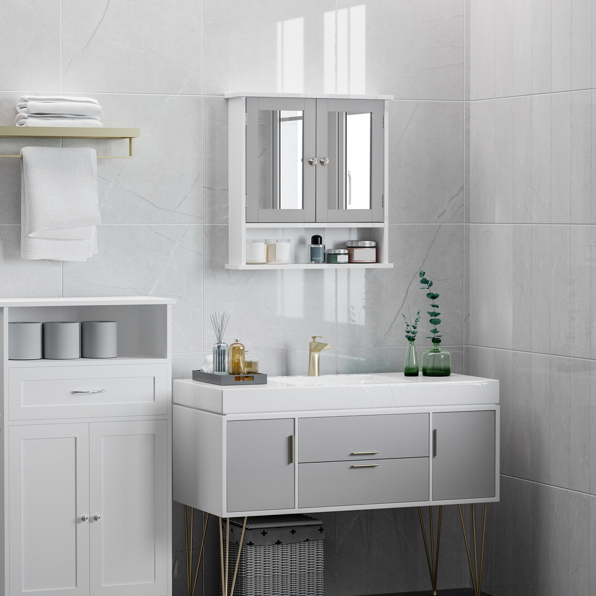 Kleankin Wall Mounted Bathroom Cabinet with Double Mirrored Doors, Storage Organiser and Shelf, Grey