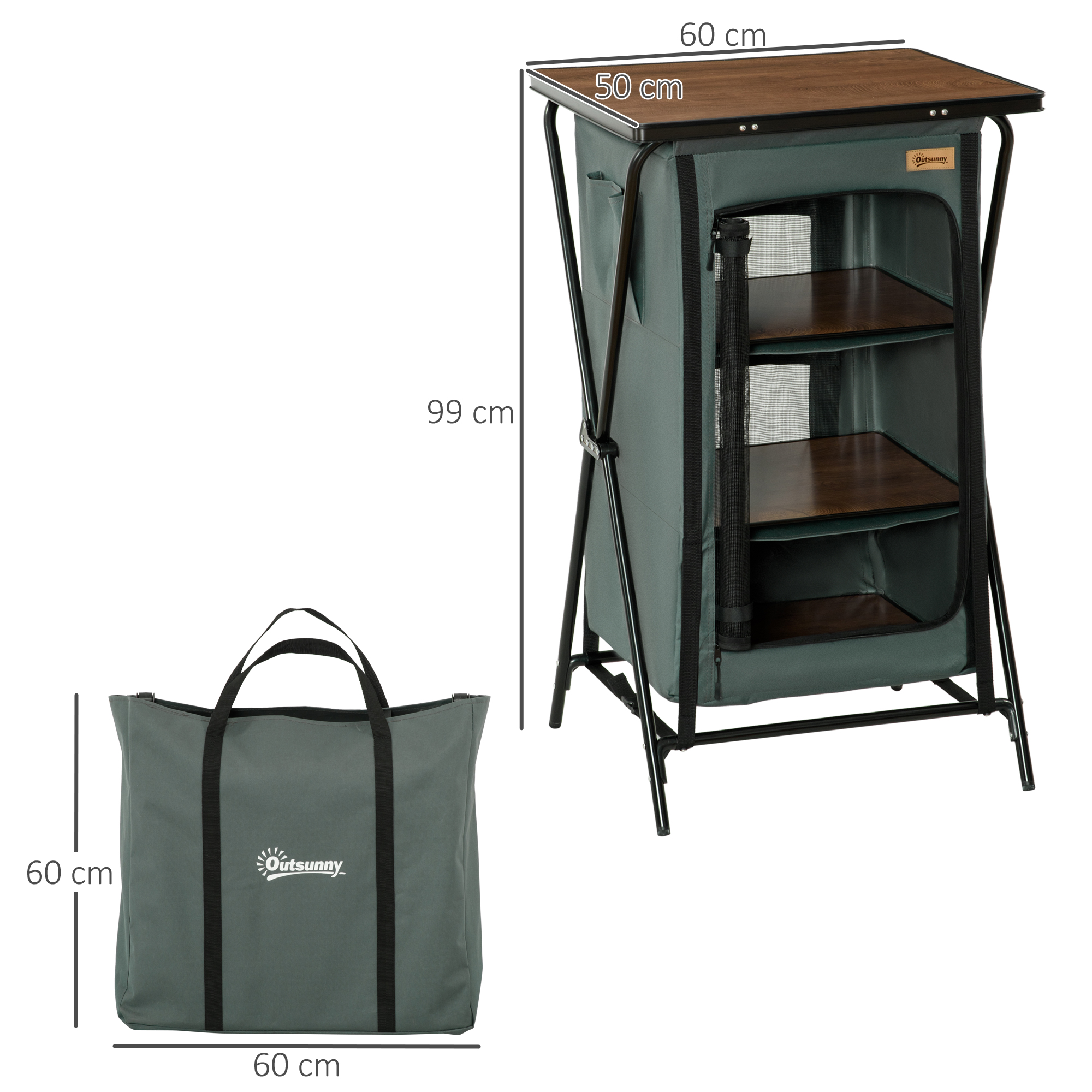 Outsunny Camping Kitchen Cupboard, Aluminium, Foldable with Storage Shelves, Carry Bag, for BBQ, Picnic, Backyard
