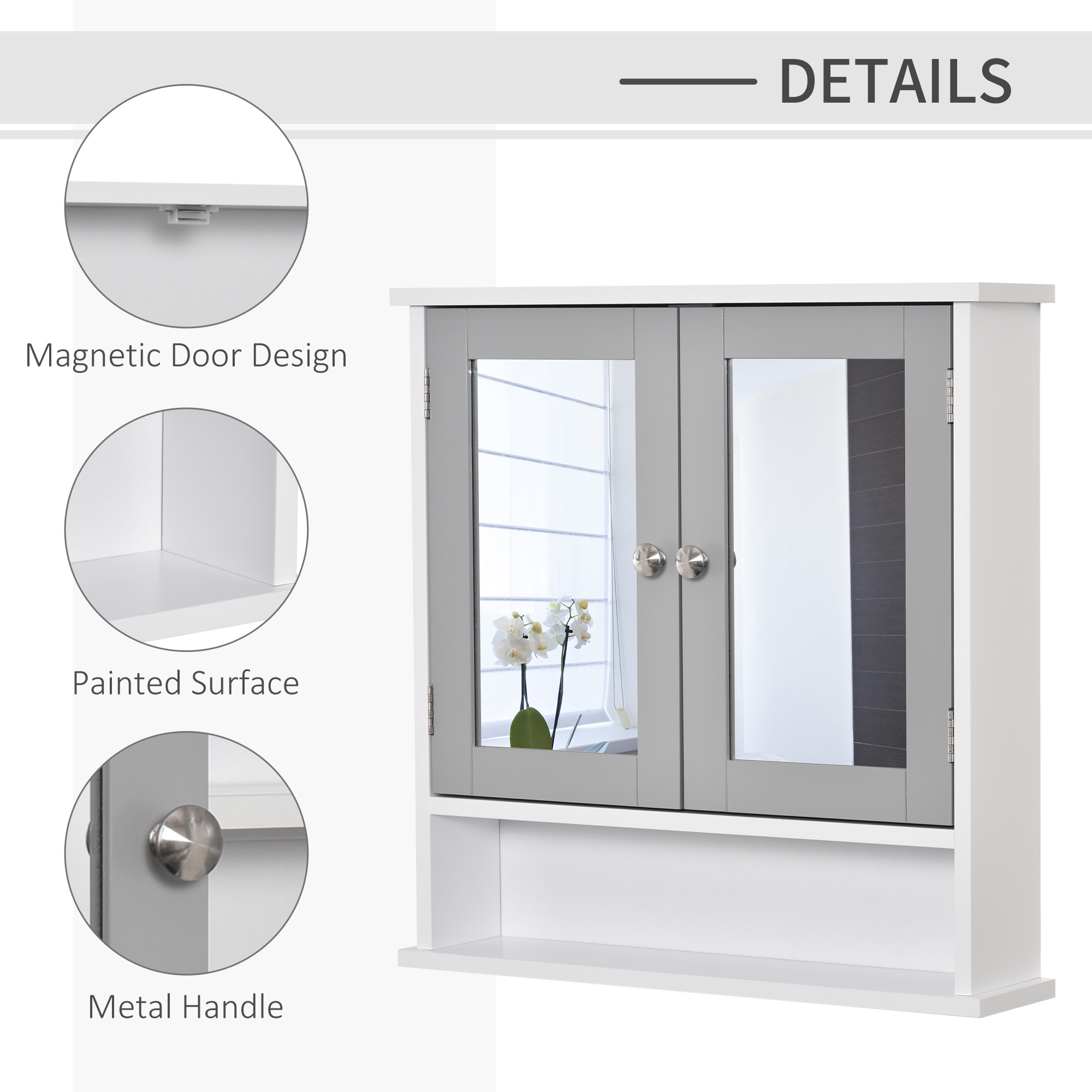 Kleankin Wall Mounted Bathroom Cabinet with Double Mirrored Doors, Storage Organiser and Shelf, Grey