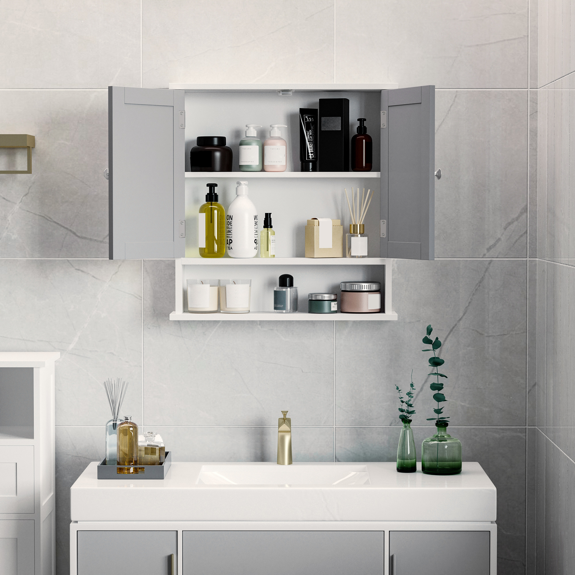 Kleankin Wall Mounted Bathroom Cabinet with Double Mirrored Doors, Storage Organiser and Shelf, Grey