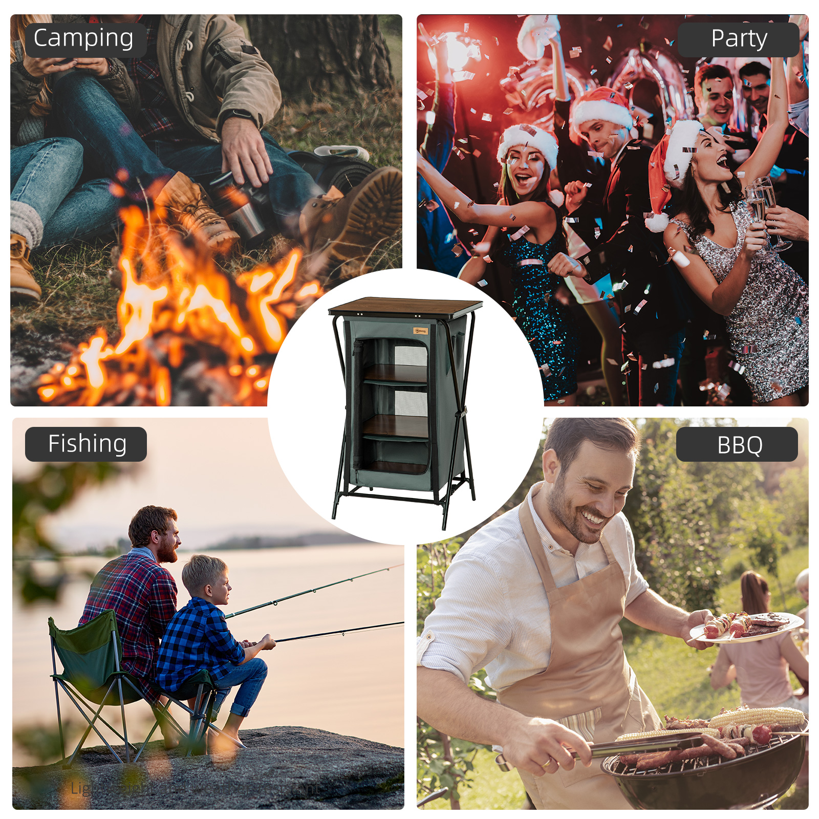 Outsunny Camping Kitchen Cupboard, Aluminium, Foldable with Storage Shelves, Carry Bag, for BBQ, Picnic, Backyard